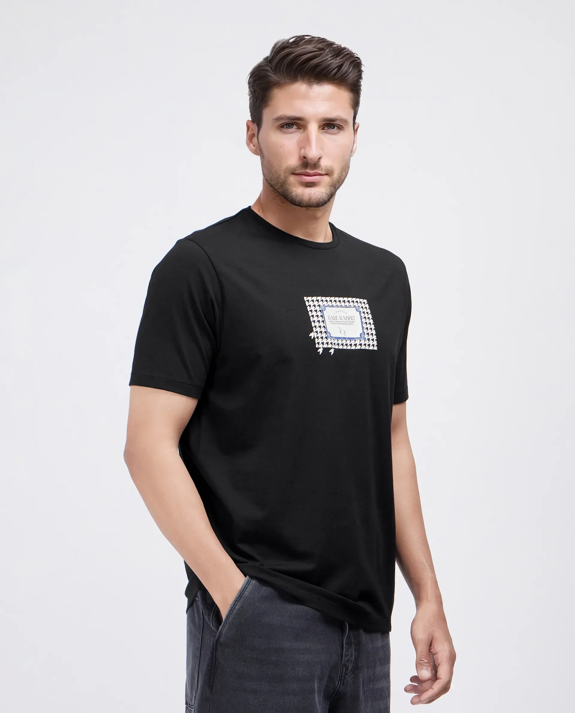 Rare Rabbit Men's Jed Black Cotton Blend Graphic Print Regular Fit Half Sleeve Crew Neck T-Shirt - Image 7