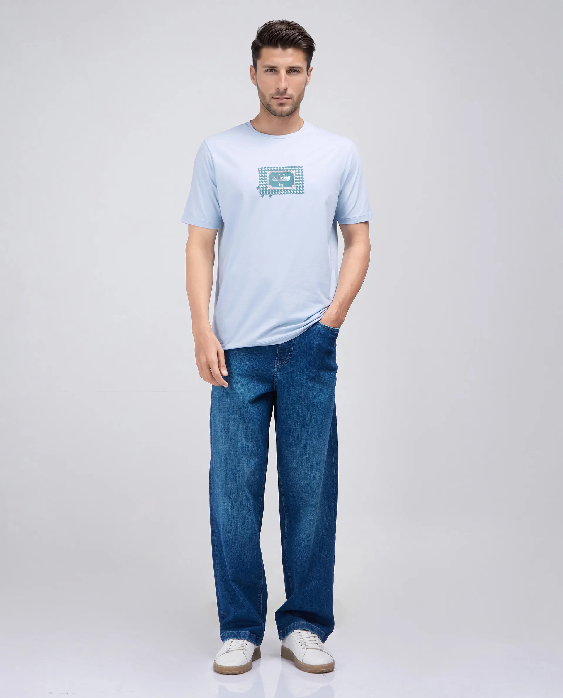 Rare Rabbit Men's Jed Dusky Blue Cotton Blend Graphic Print Regular Fit Half Sleeve Crew Neck T-Shirt - Image 2