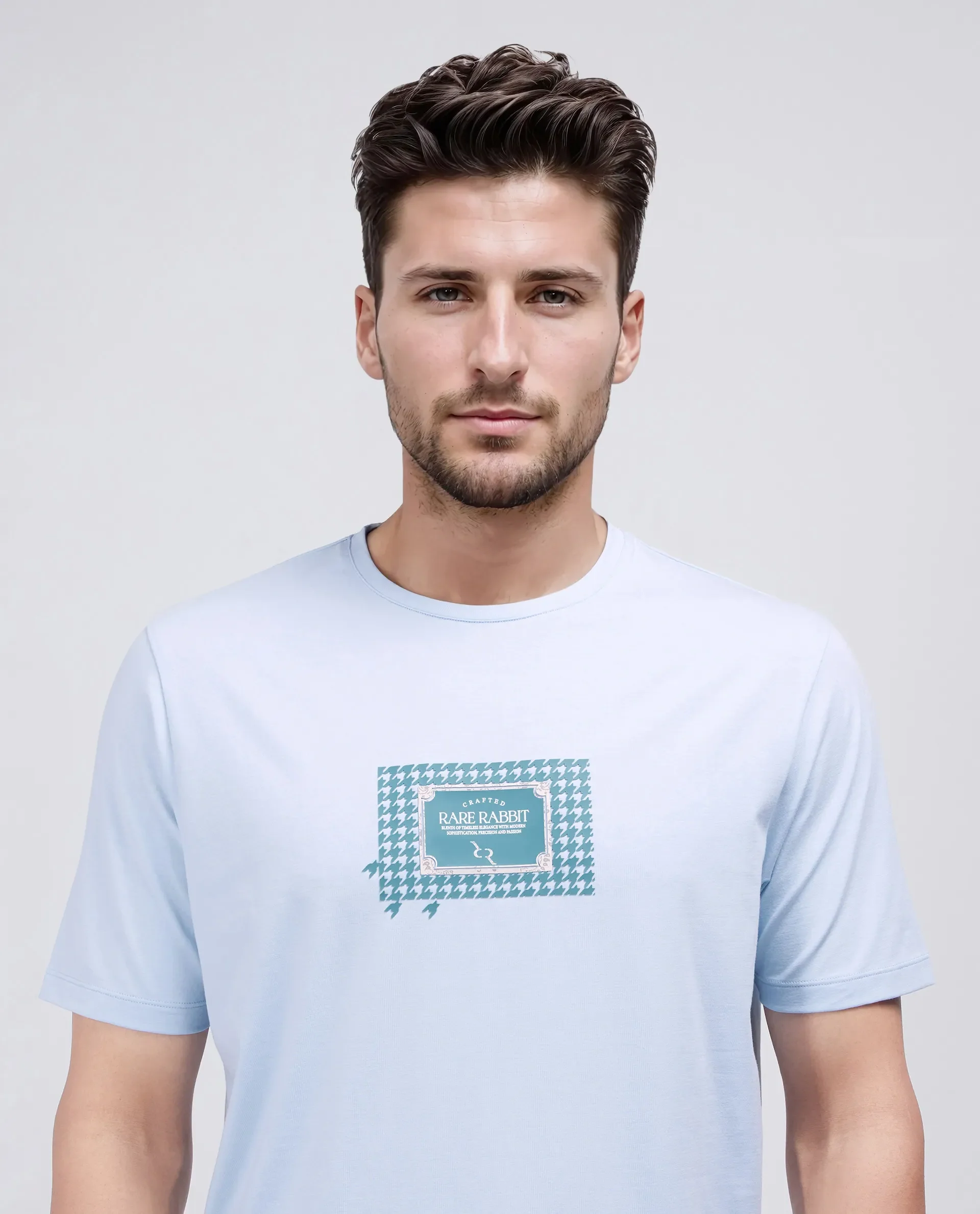 Rare Rabbit Men's Jed Dusky Blue Cotton Blend Graphic Print Regular Fit Half Sleeve Crew Neck T-Shirt - Image 5