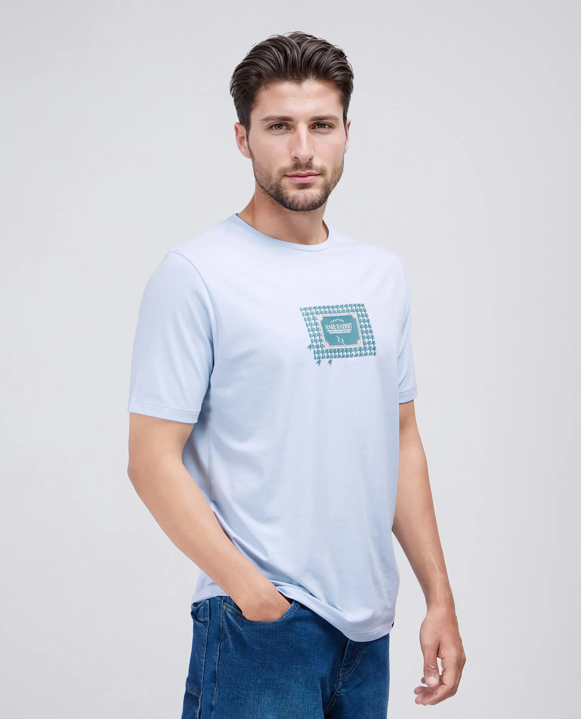 Rare Rabbit Men's Jed Dusky Blue Cotton Blend Graphic Print Regular Fit Half Sleeve Crew Neck T-Shirt - Image 6
