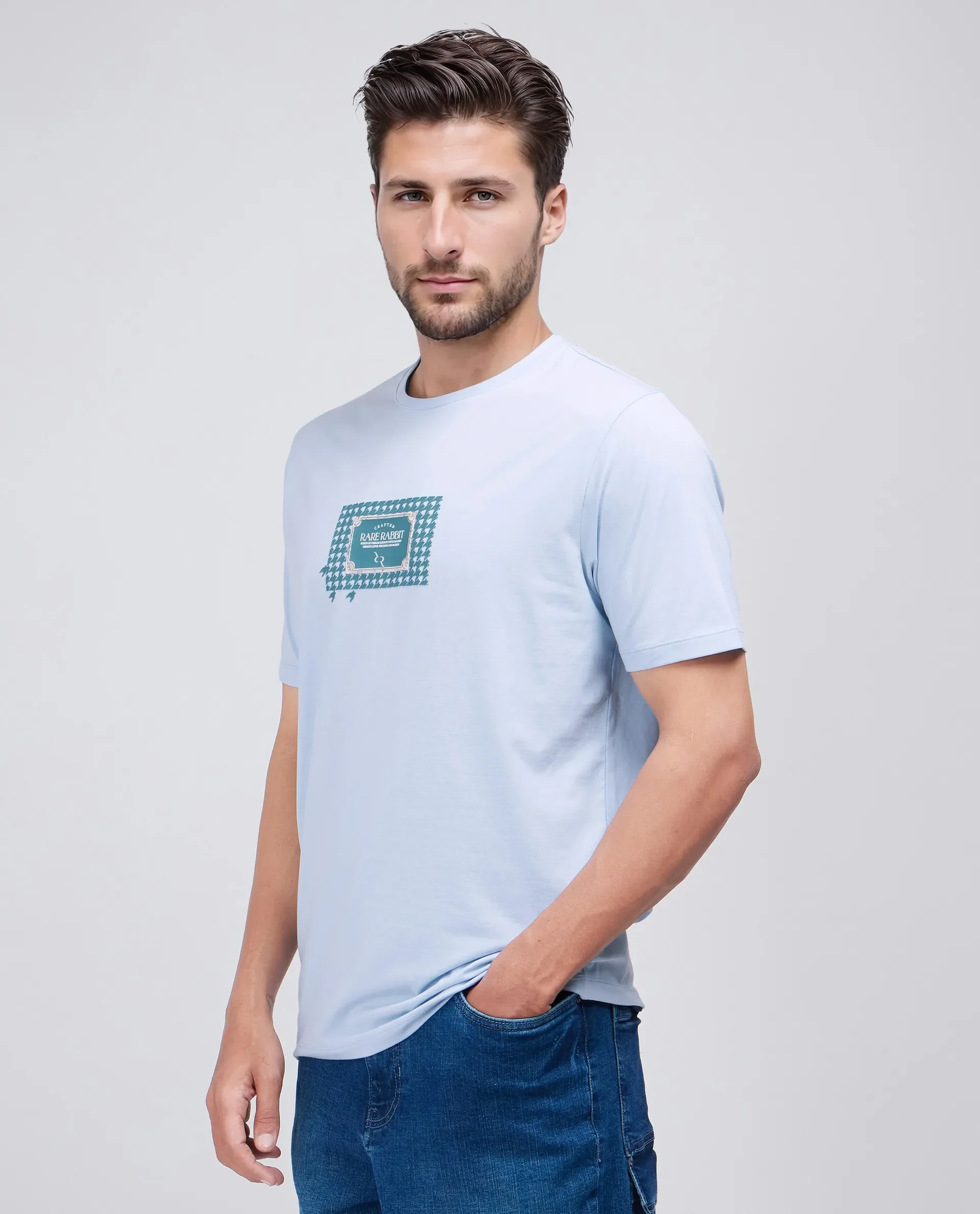 Rare Rabbit Men's Jed Dusky Blue Cotton Blend Graphic Print Regular Fit Half Sleeve Crew Neck T-Shirt - Image 7