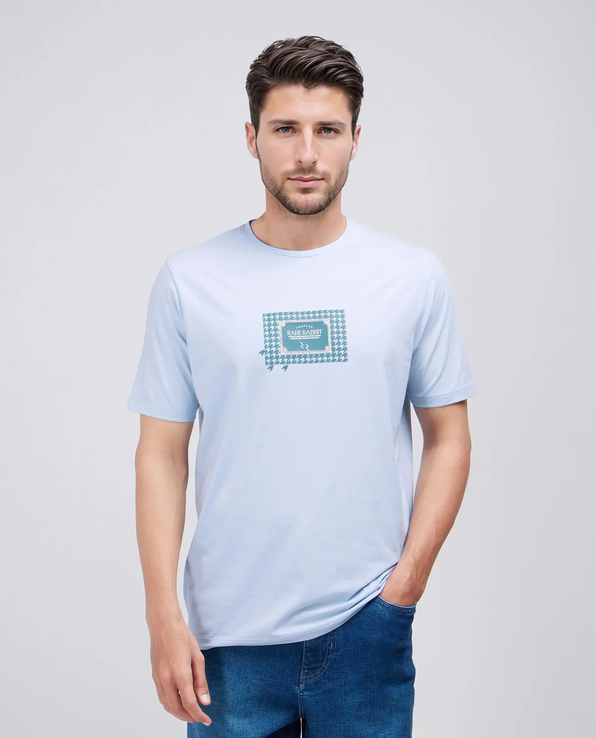 Rare Rabbit Men's Jed Dusky Blue Cotton Blend Graphic Print Regular Fit Half Sleeve Crew Neck T-Shirt - Image 8