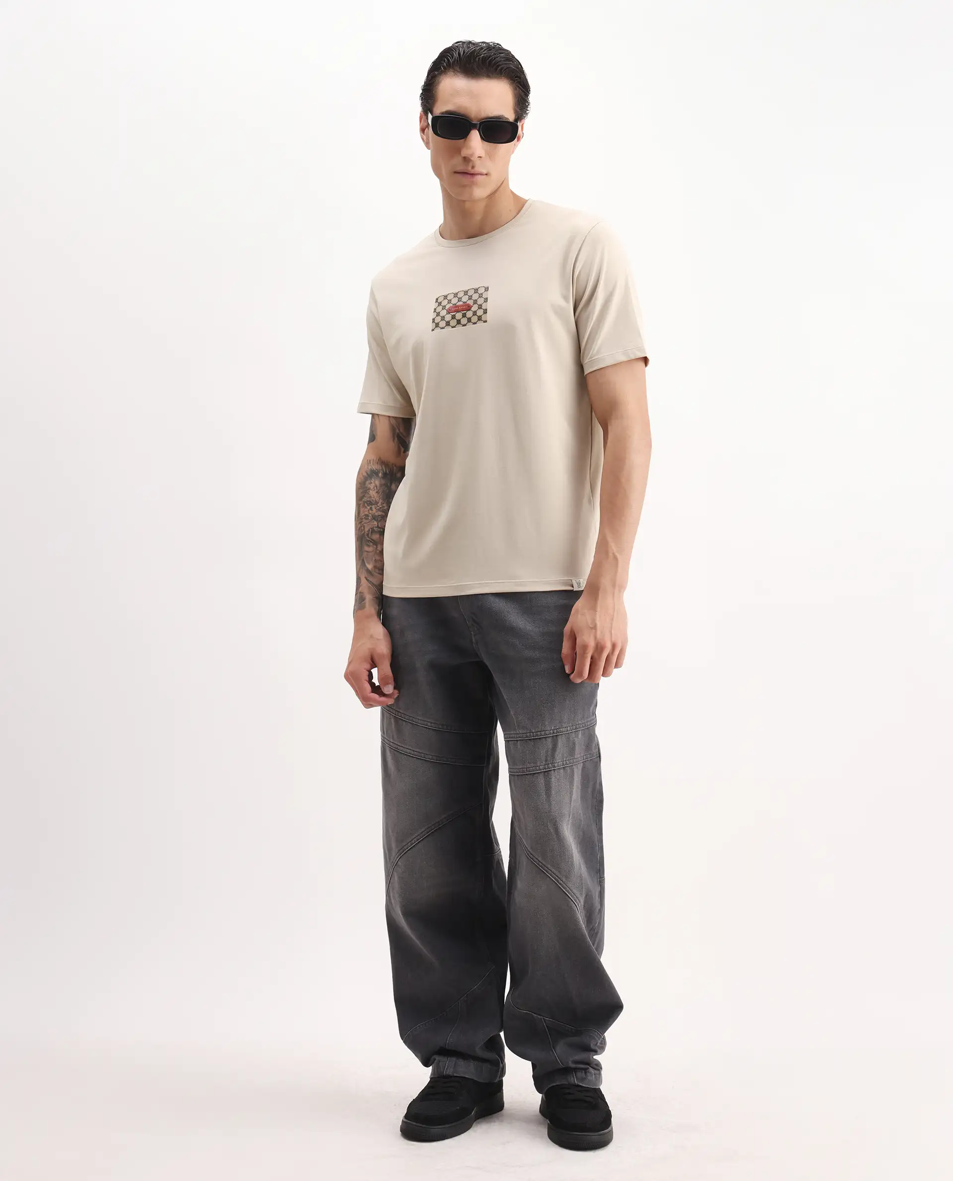 Rare Rabbit Men's Jedy Beige Cotton Blend Graphic Print Regular Fit Half Sleeve Crew Neck T-Shirt - Image 2