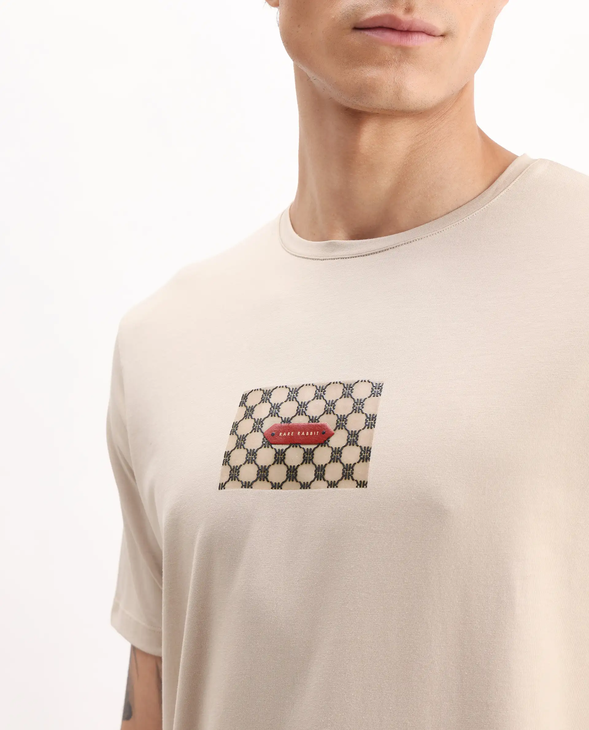 Rare Rabbit Men's Jedy Beige Cotton Blend Graphic Print Regular Fit Half Sleeve Crew Neck T-Shirt - Image 3