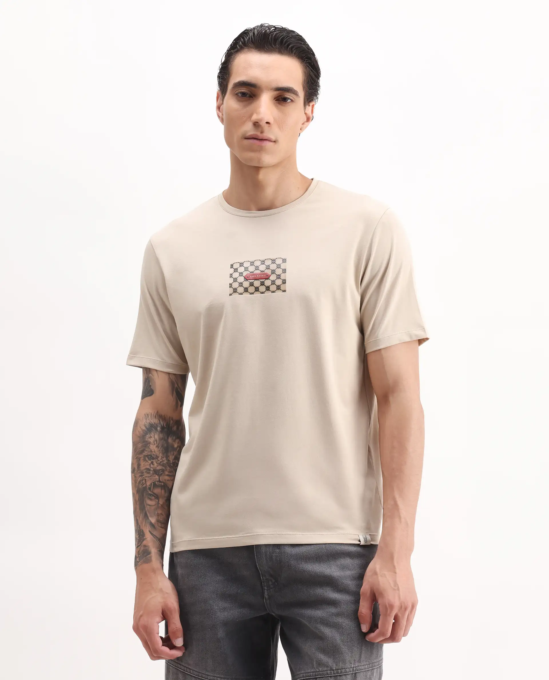 Rare Rabbit Men's Jedy Beige Cotton Blend Graphic Print Regular Fit Half Sleeve Crew Neck T-Shirt - Image 4