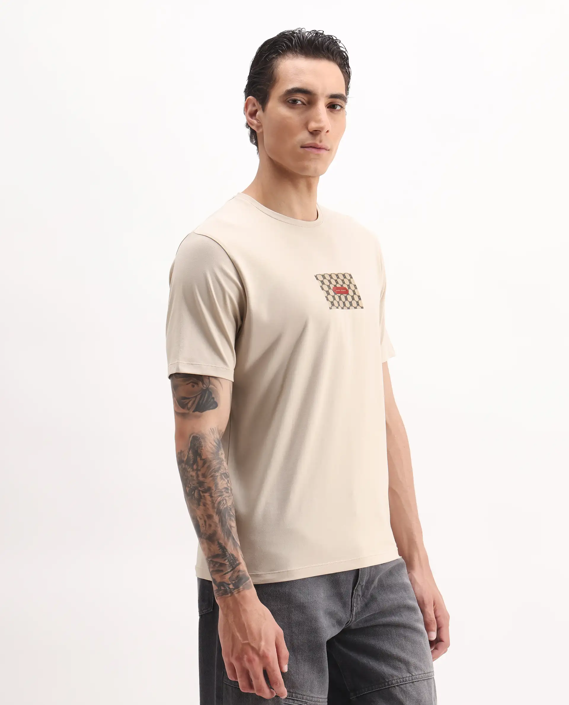 Rare Rabbit Men's Jedy Beige Cotton Blend Graphic Print Regular Fit Half Sleeve Crew Neck T-Shirt - Image 5