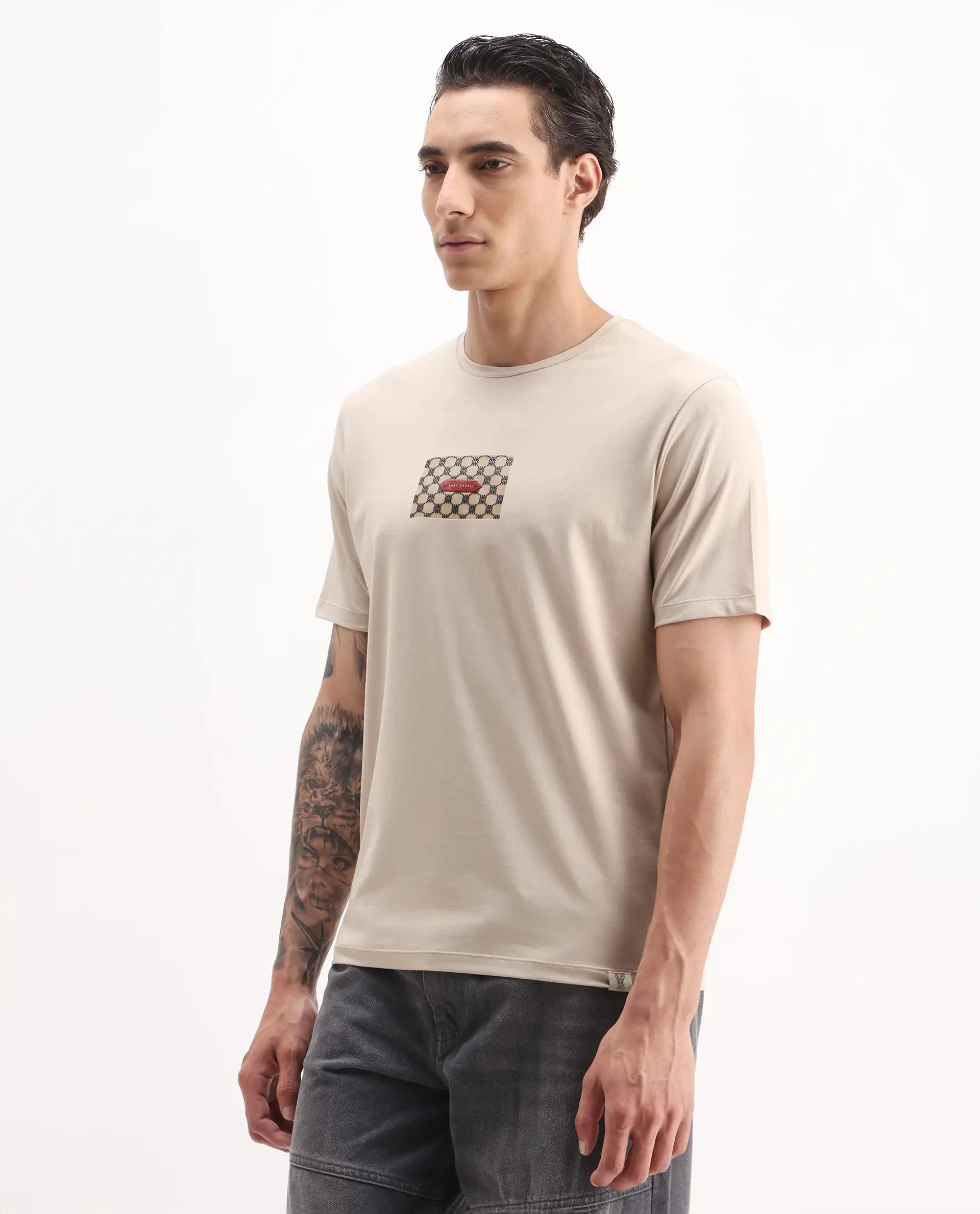 Rare Rabbit Men's Jedy Beige Cotton Blend Graphic Print Regular Fit Half Sleeve Crew Neck T-Shirt - Image 6