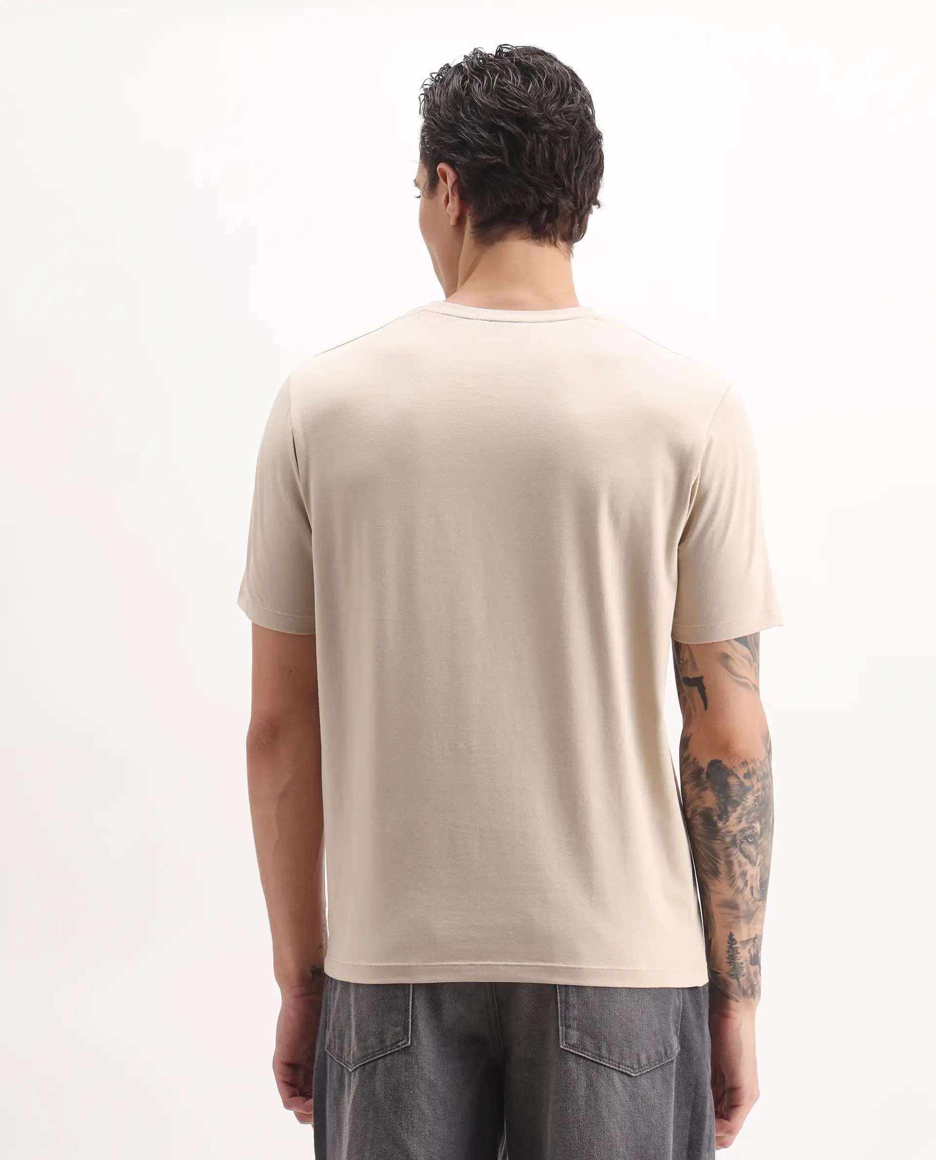 Rare Rabbit Men's Jedy Beige Cotton Blend Graphic Print Regular Fit Half Sleeve Crew Neck T-Shirt - Image 7
