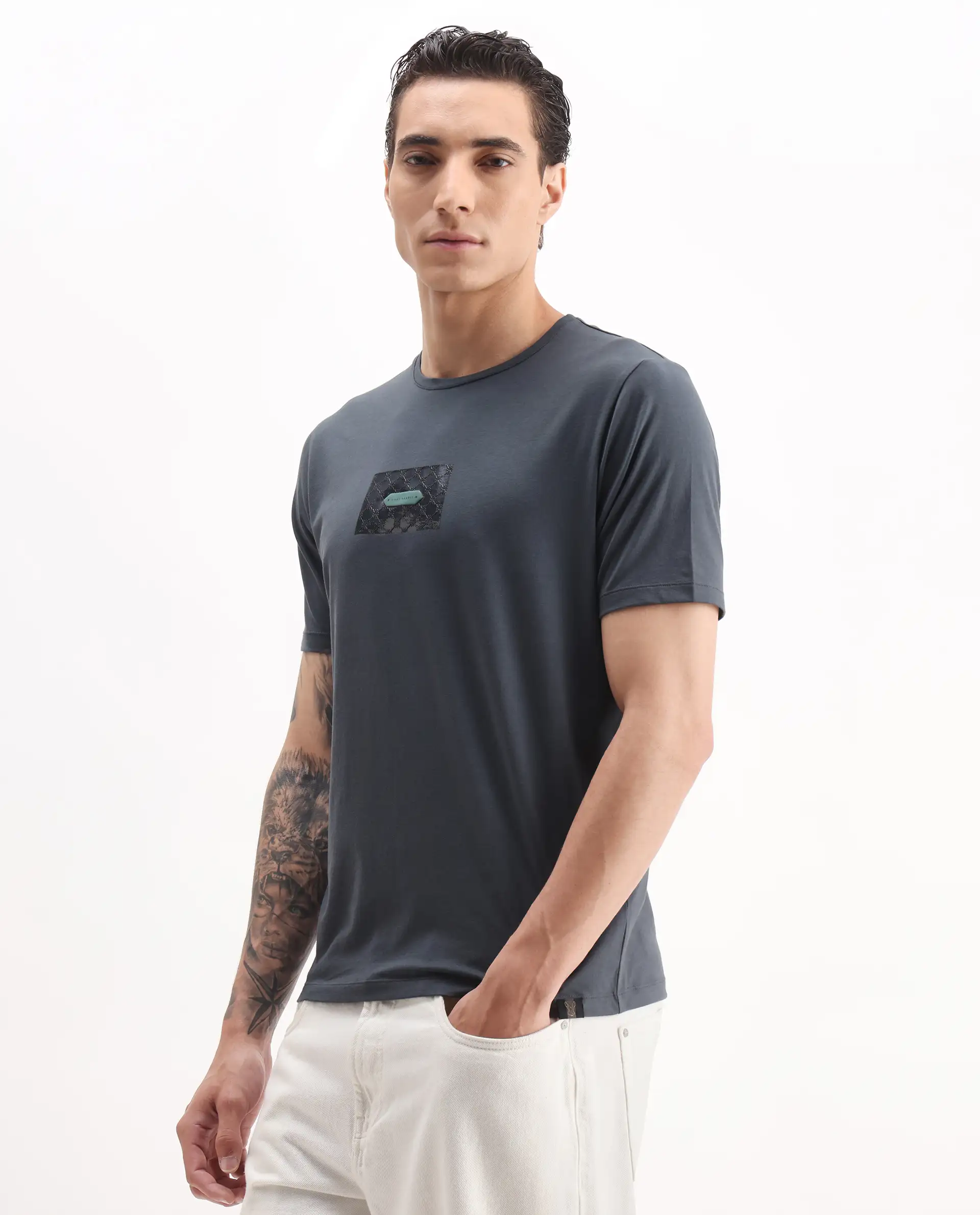 Rare Rabbit Men's Jedy Dusky Blue Cotton Blend Graphic Print Regular Fit Half Sleeve Crew Neck T-Shirt - Image 4