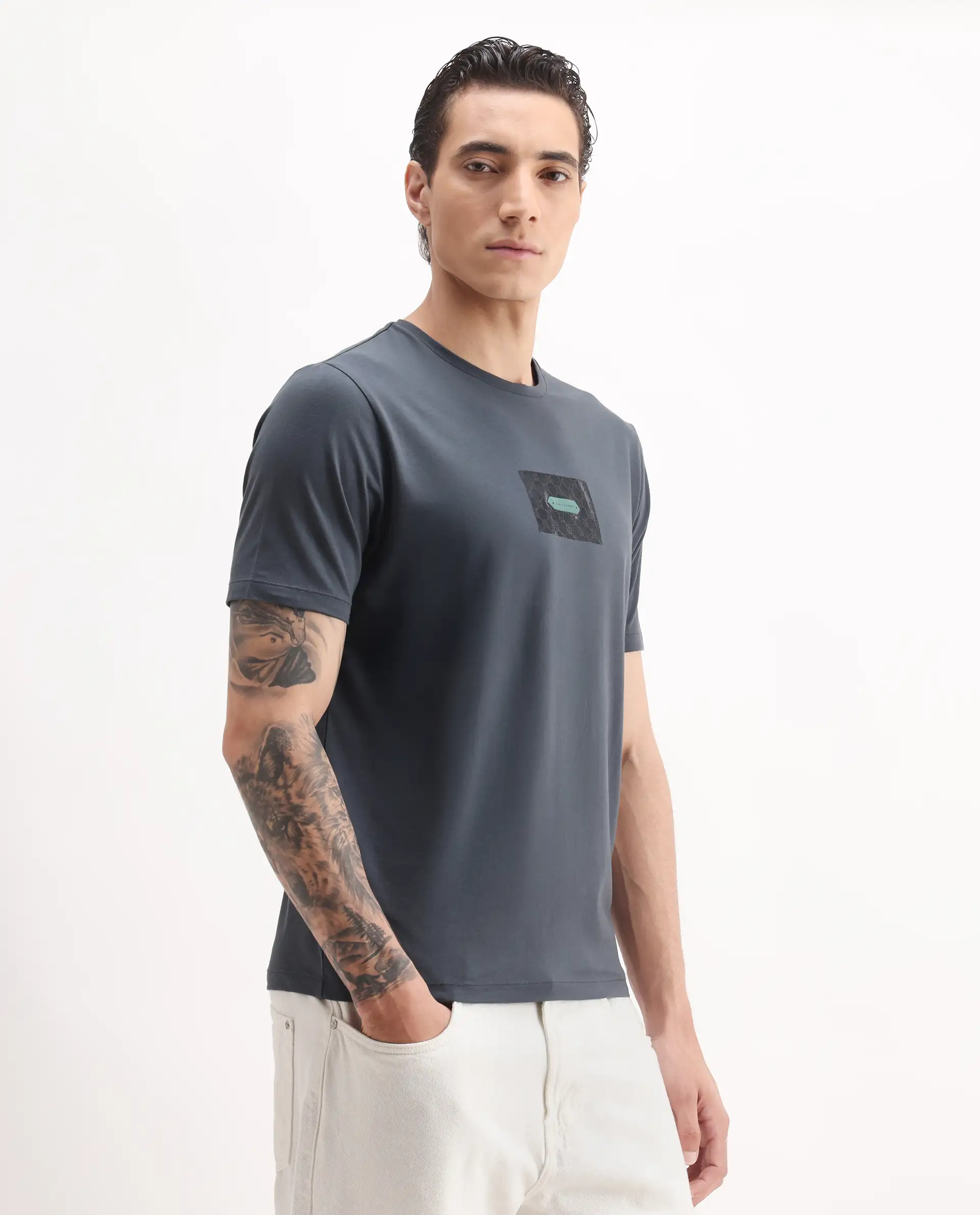 Rare Rabbit Men's Jedy Dusky Blue Cotton Blend Graphic Print Regular Fit Half Sleeve Crew Neck T-Shirt - Image 5
