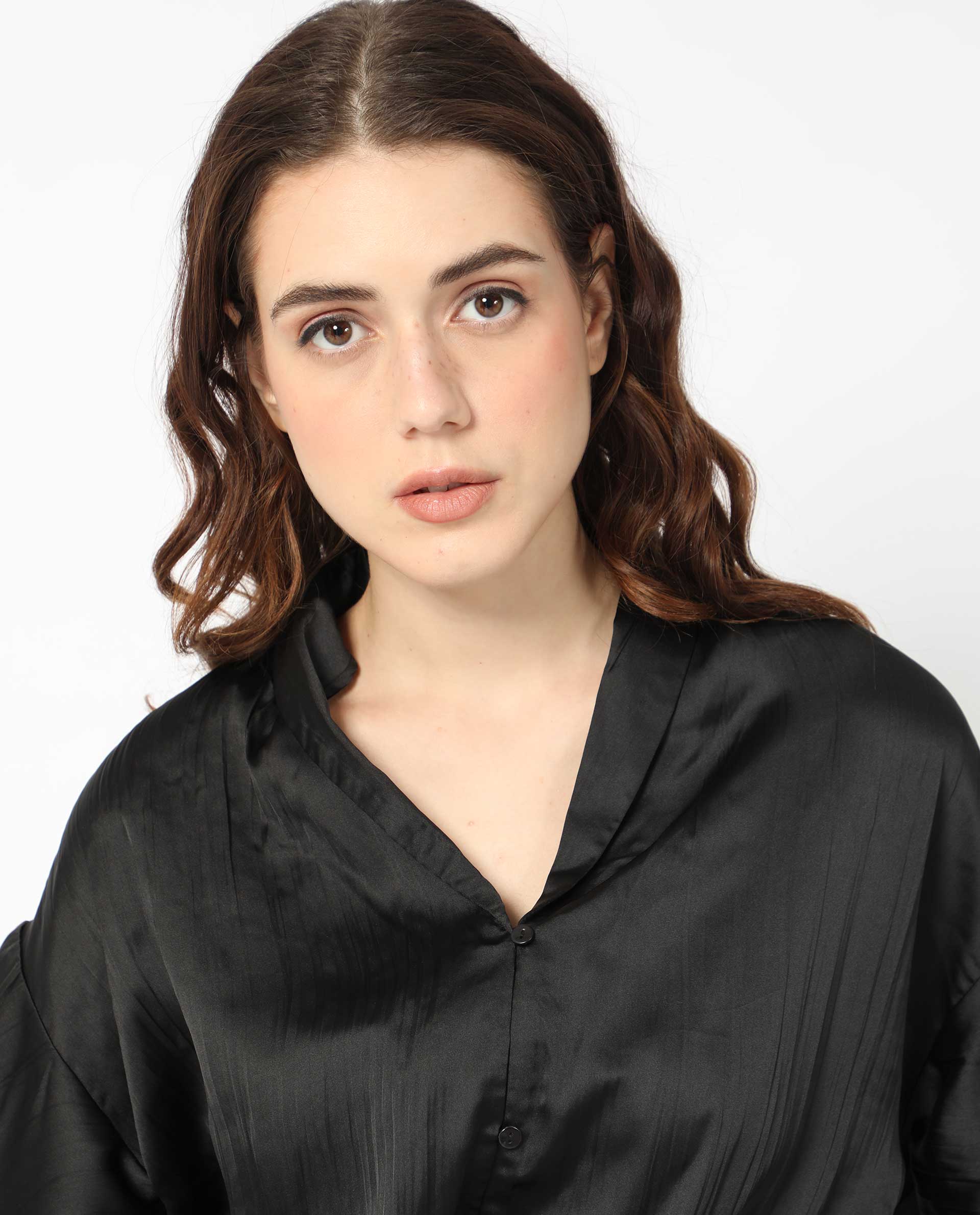 Rareism Women's Jedy Black Polyester Shawl Collar Plain Bell Sleeve Regular Fit Top - Image 2