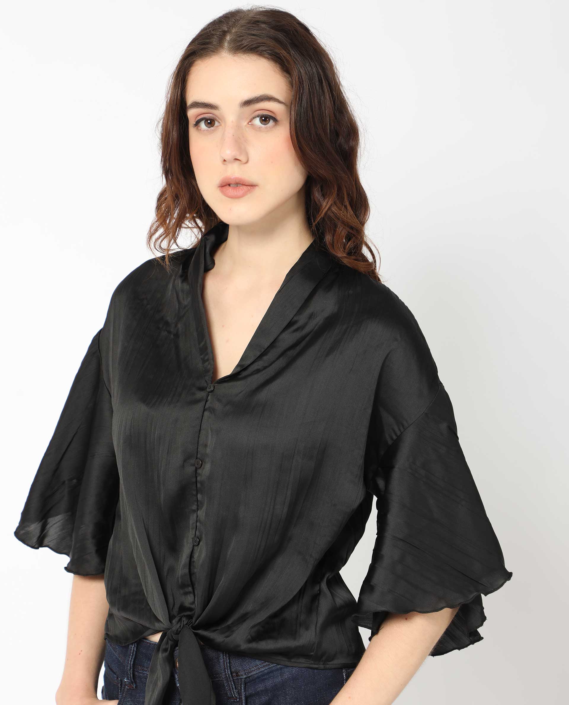 Rareism Women's Jedy Black Polyester Shawl Collar Plain Bell Sleeve Regular Fit Top - Image 3