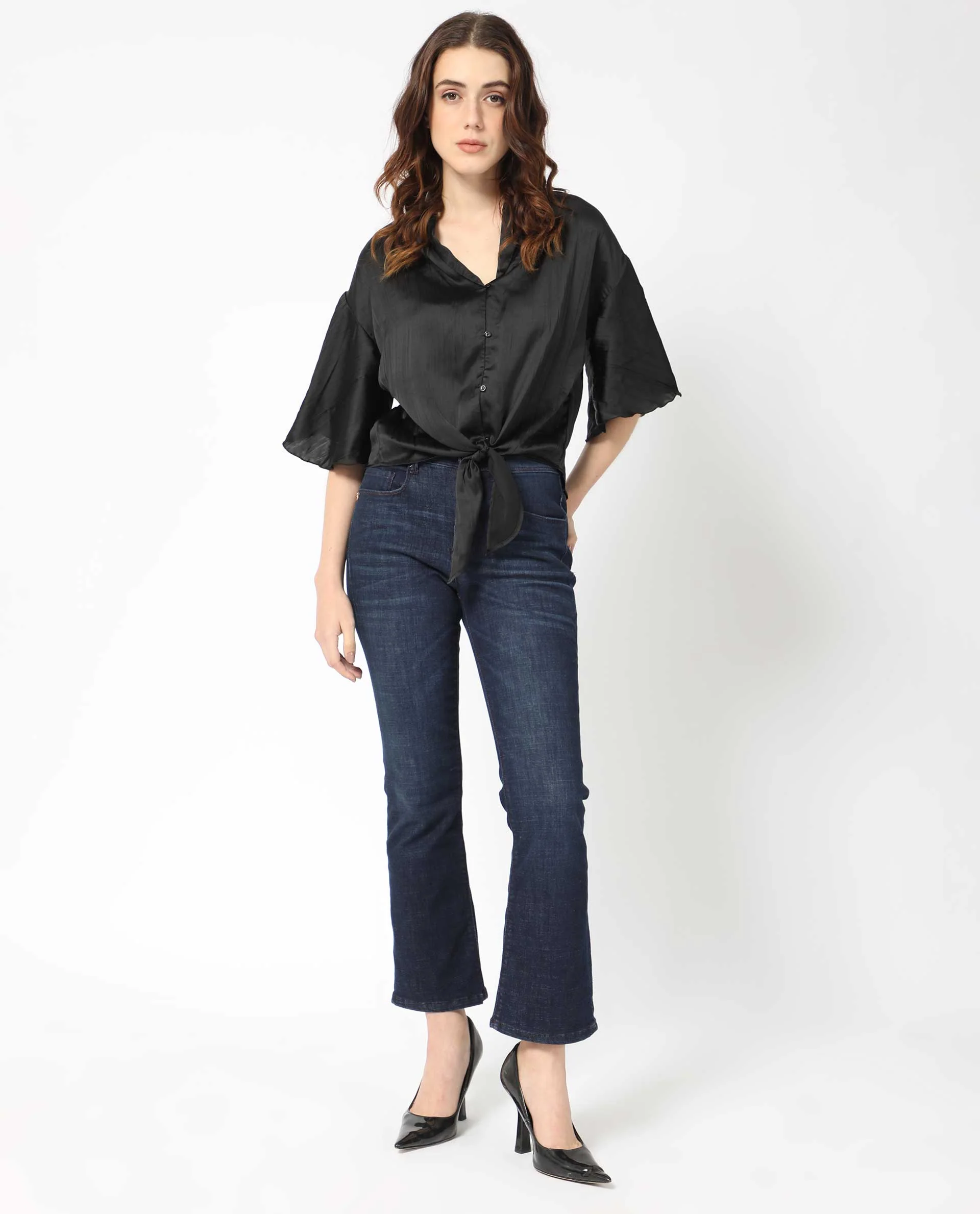 Rareism Women's Jedy Black Polyester Shawl Collar Plain Bell Sleeve Regular Fit Top - Image 4