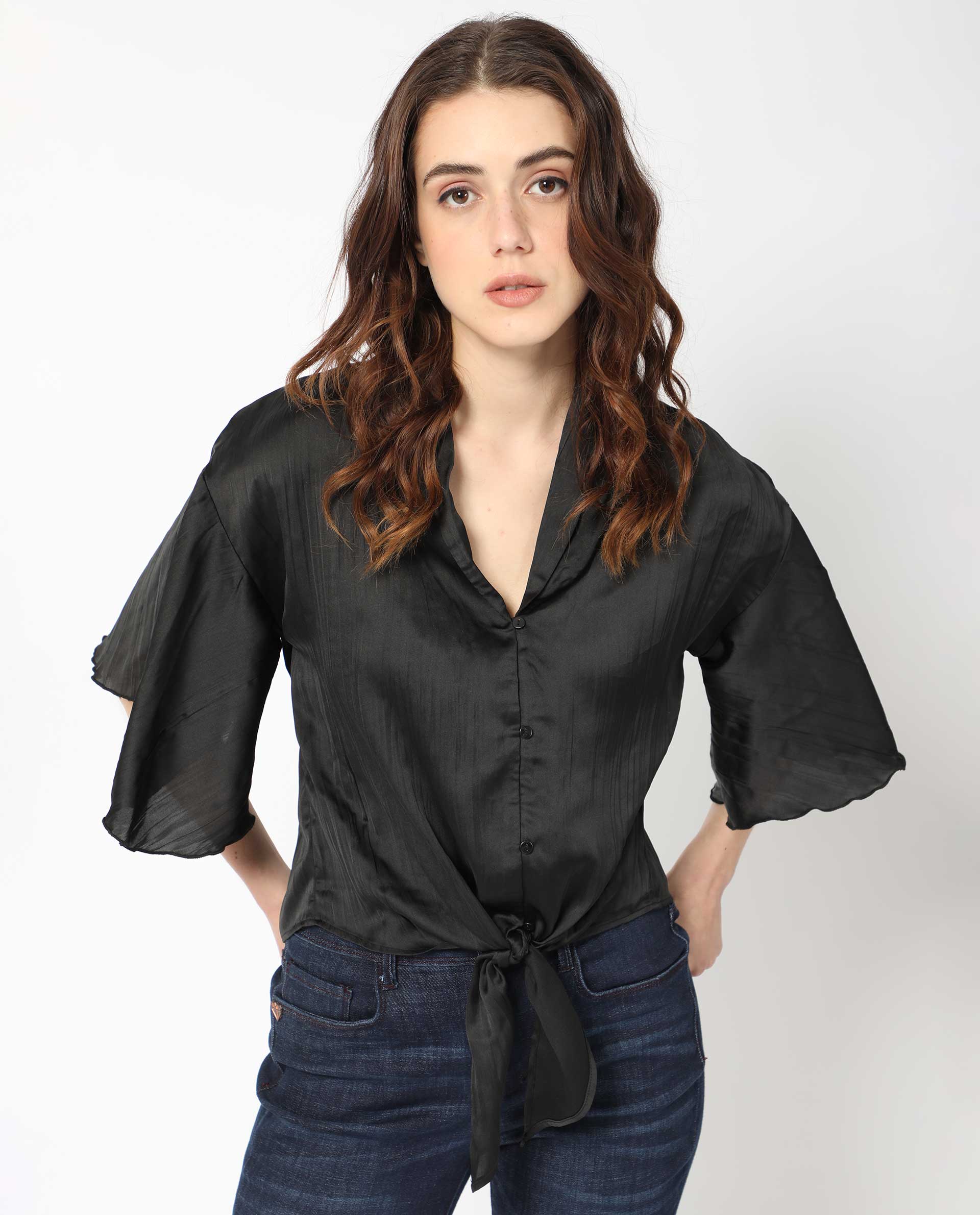Rareism Women's Jedy Black Polyester Shawl Collar Plain Bell Sleeve Regular Fit Top - Image 5