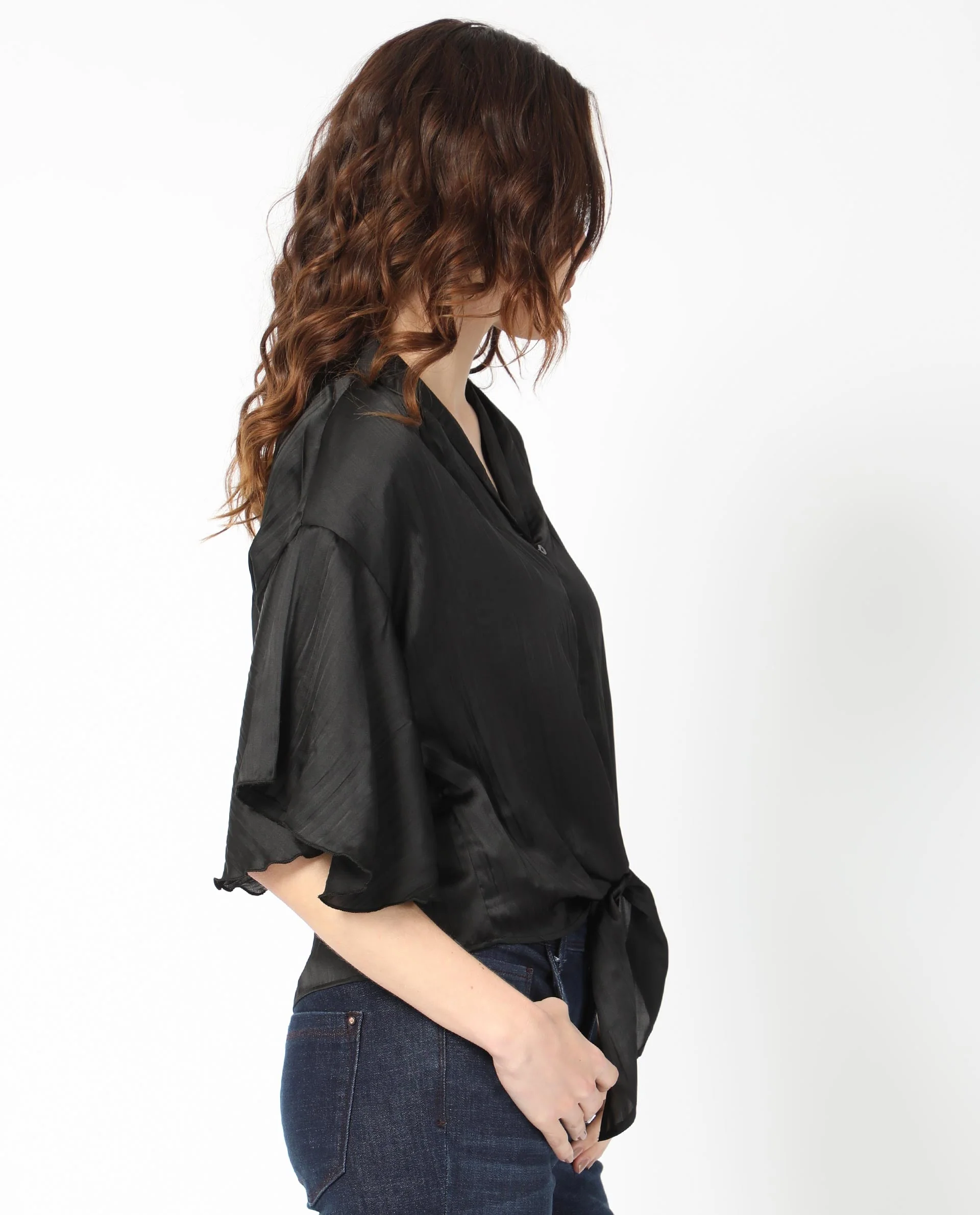 Rareism Women's Jedy Black Polyester Shawl Collar Plain Bell Sleeve Regular Fit Top - Image 6