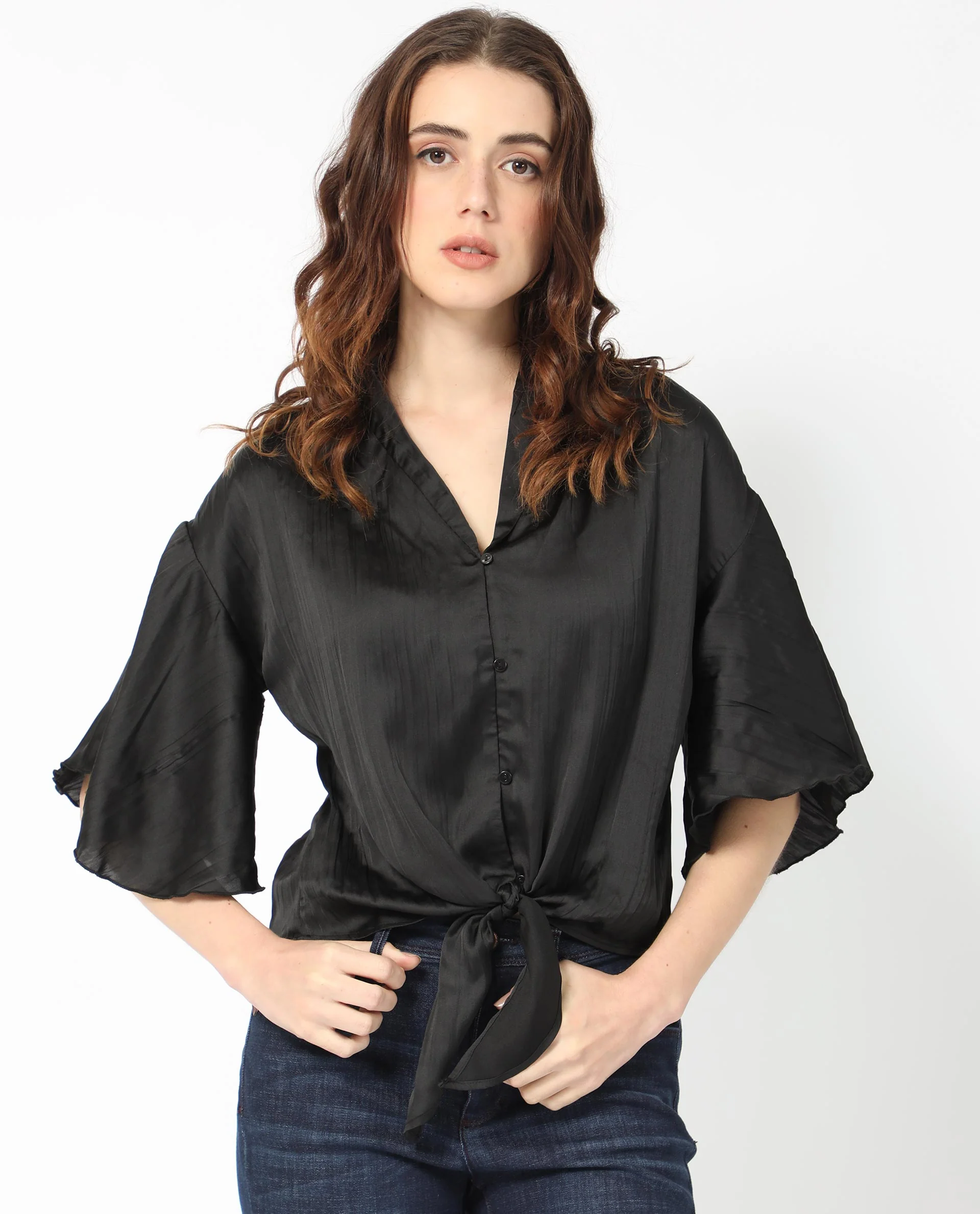 Rareism Women's Jedy Black Polyester Shawl Collar Plain Bell Sleeve Regular Fit Top - Image 7