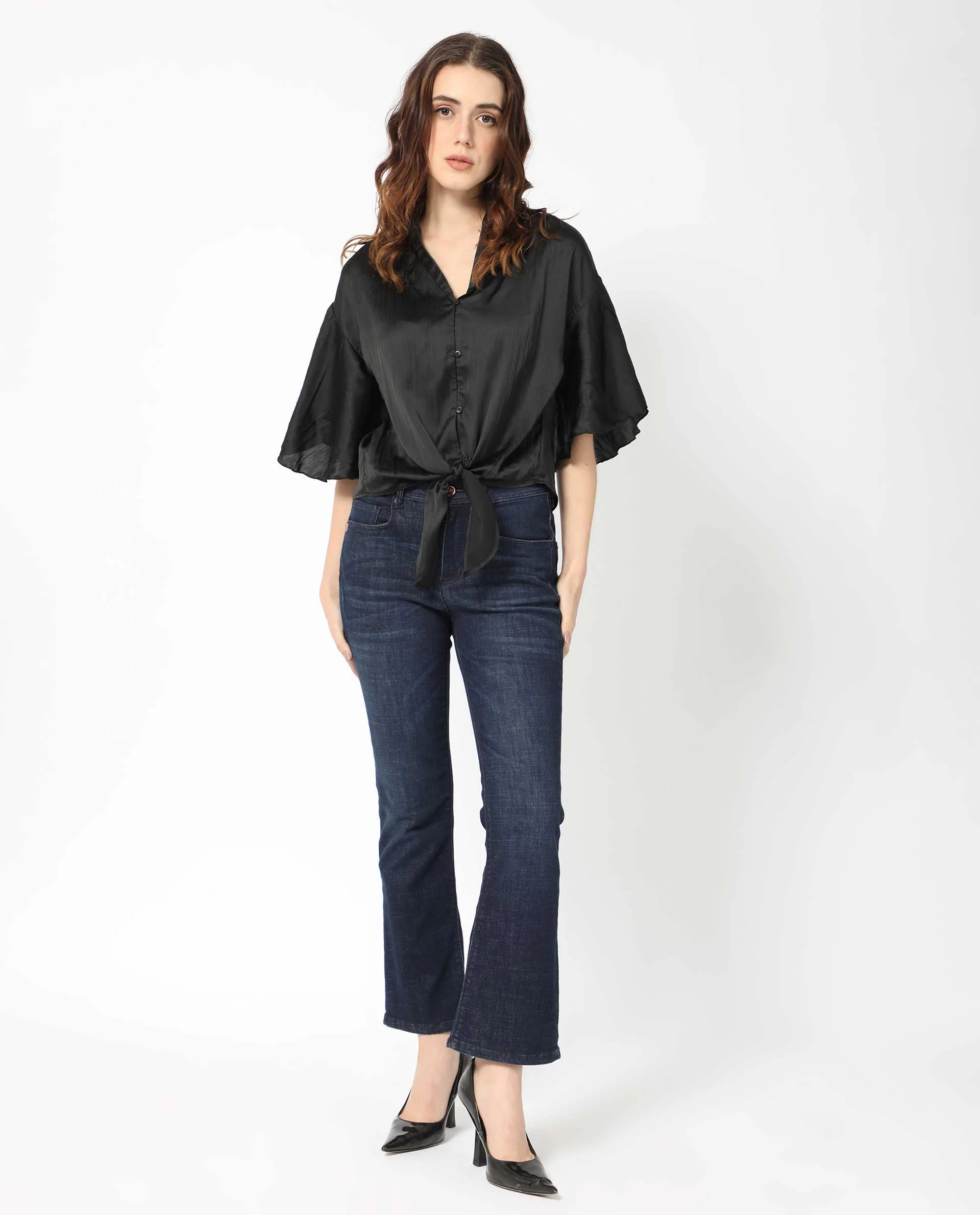 Rareism Women's Jedy Black Polyester Shawl Collar Plain Bell Sleeve Regular Fit Top - Image 8