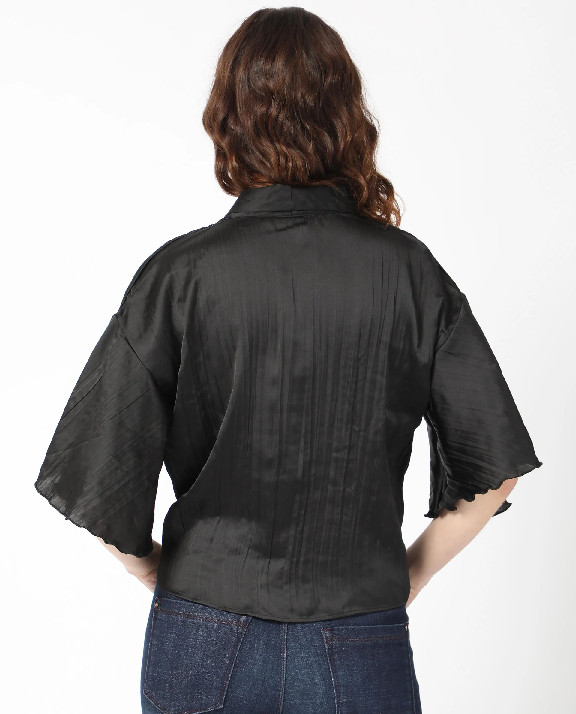 Rareism Women's Jedy Black Polyester Shawl Collar Plain Bell Sleeve Regular Fit Top - Image 9