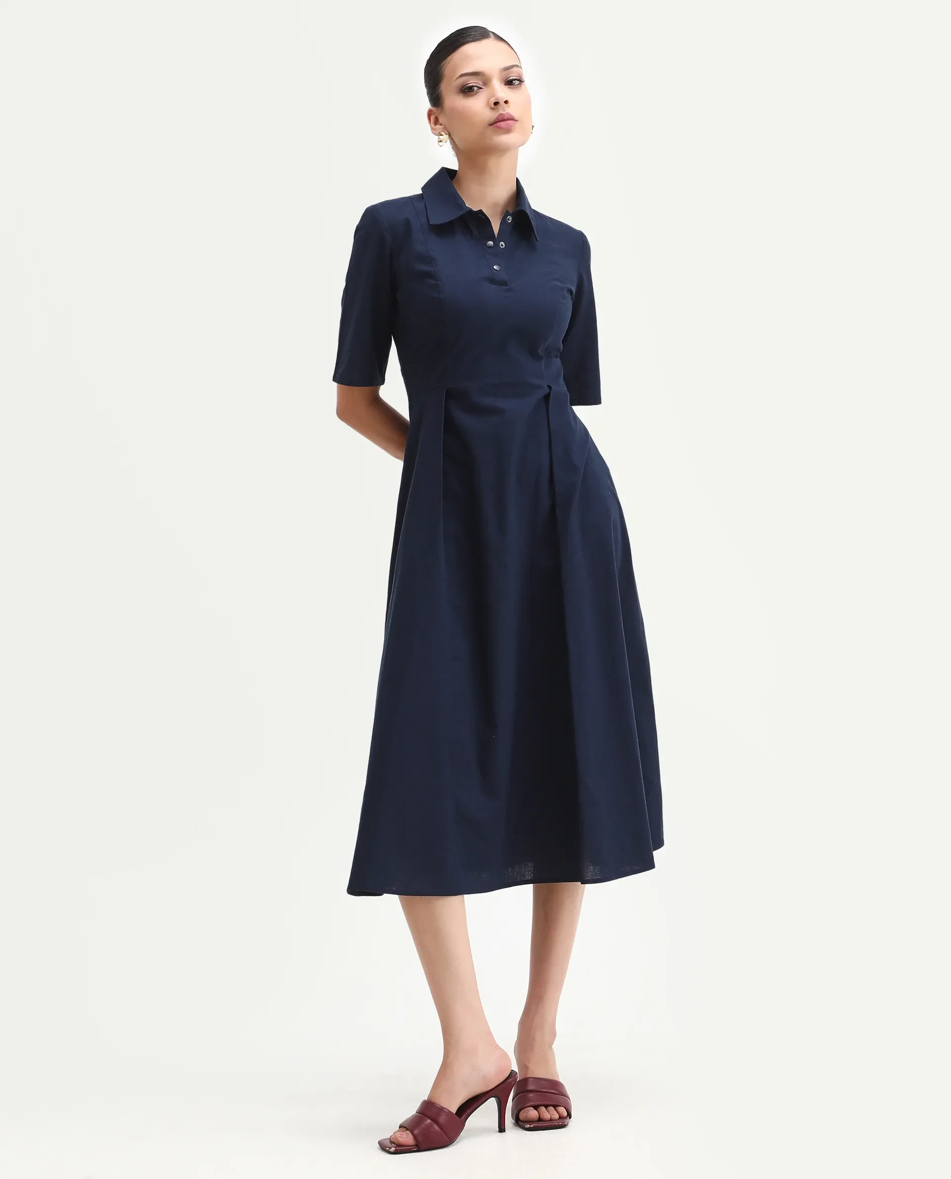 Rareism Women's Jefo Navy Cotton Collared Neck Fit And Flare Plain Midi Dress - Image 2
