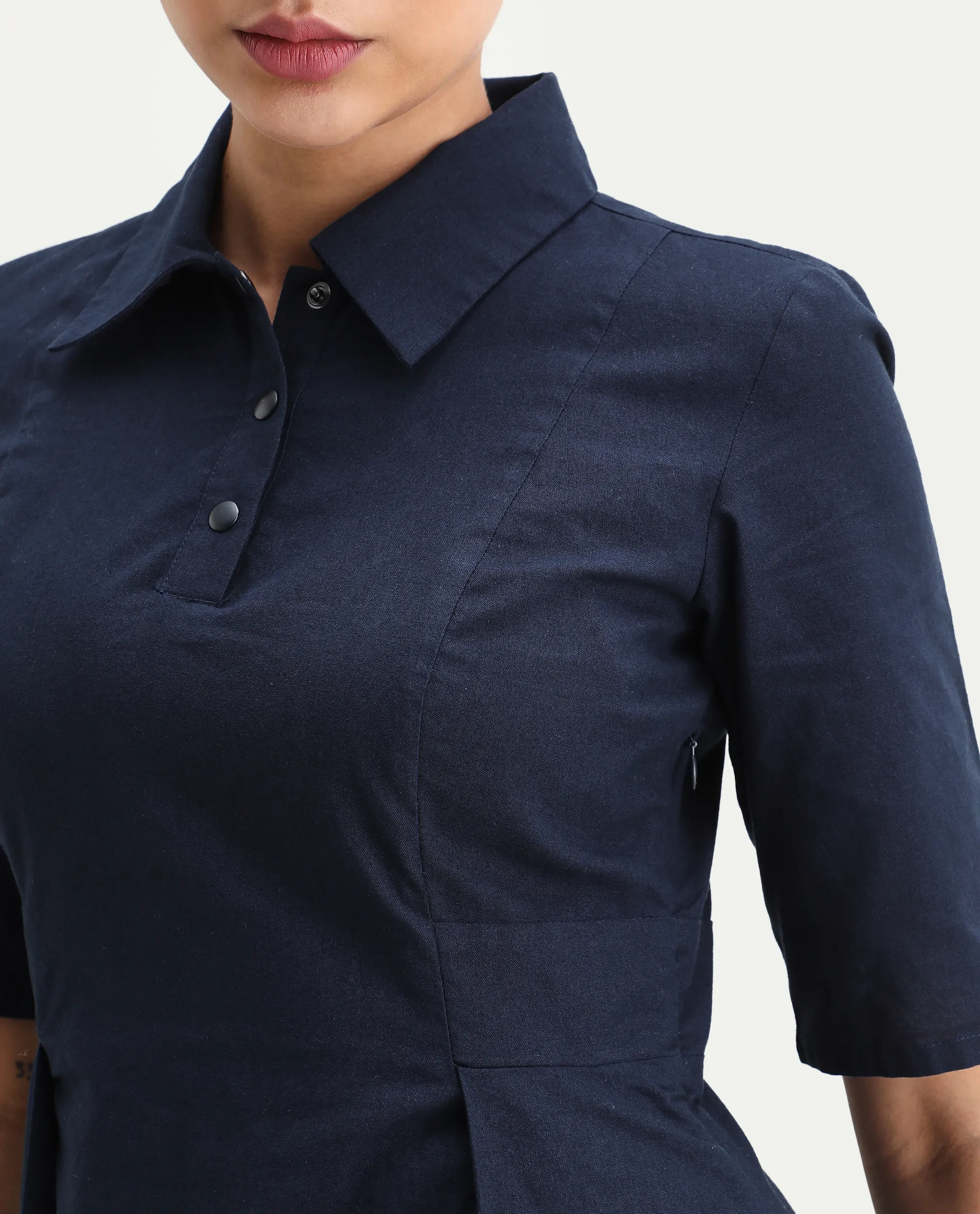 Rareism Women's Jefo Navy Cotton Collared Neck Fit And Flare Plain Midi Dress - Image 4