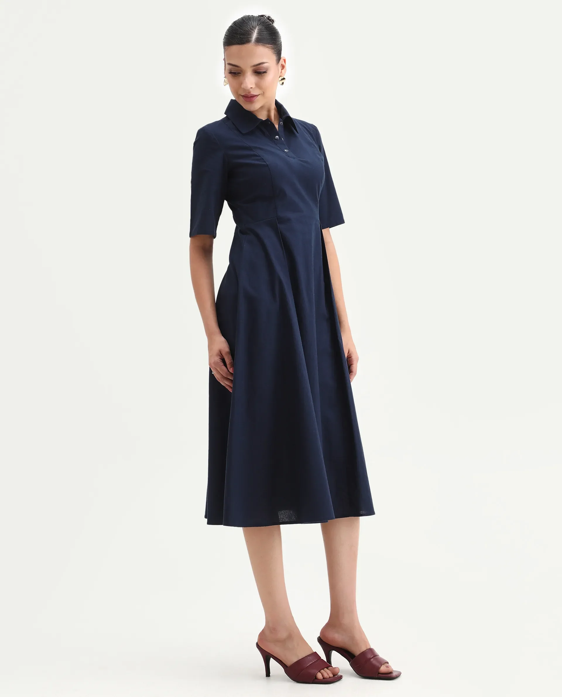 Rareism Women's Jefo Navy Cotton Collared Neck Fit And Flare Plain Midi Dress - Image 5