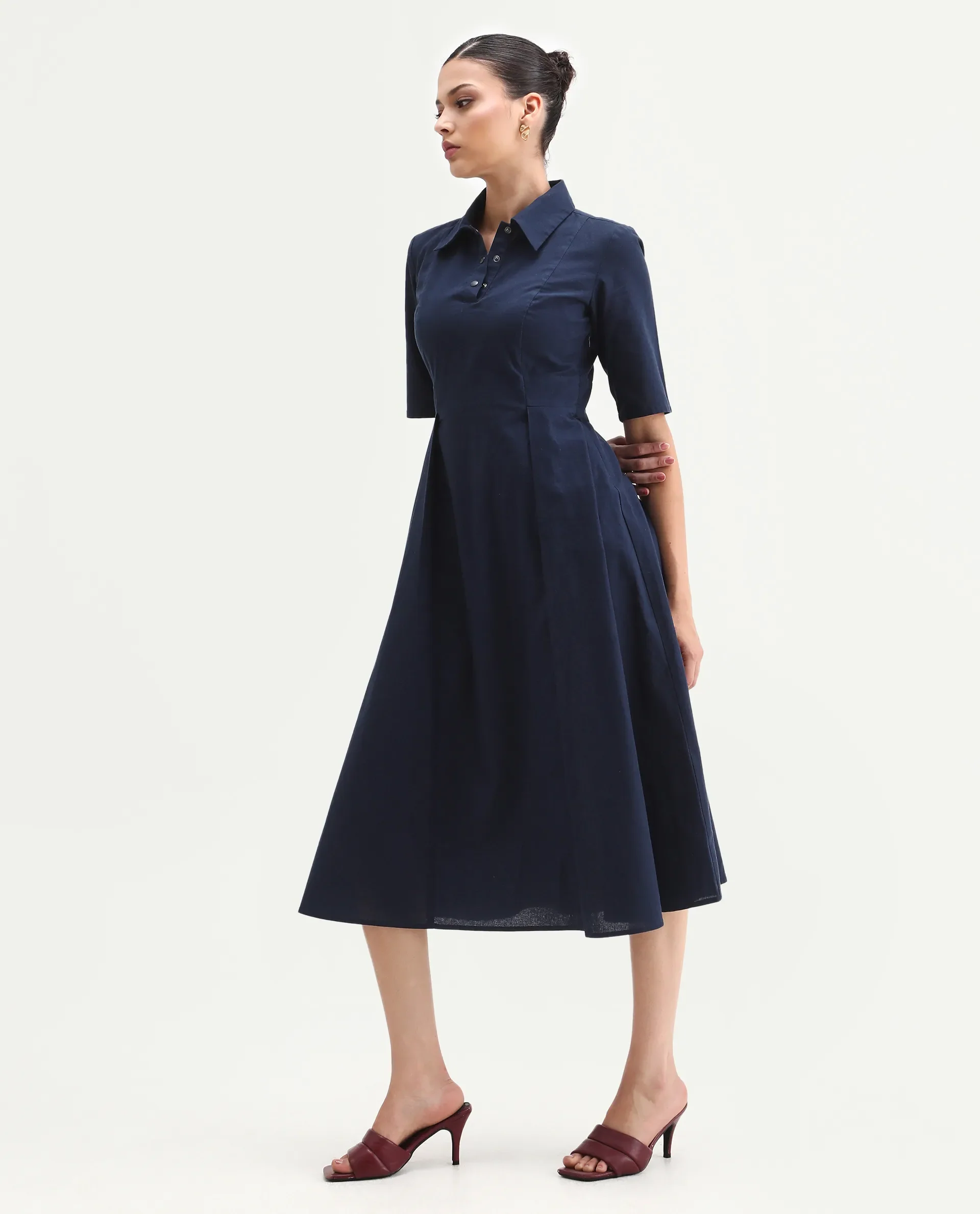 Rareism Women's Jefo Navy Cotton Collared Neck Fit And Flare Plain Midi Dress - Image 6