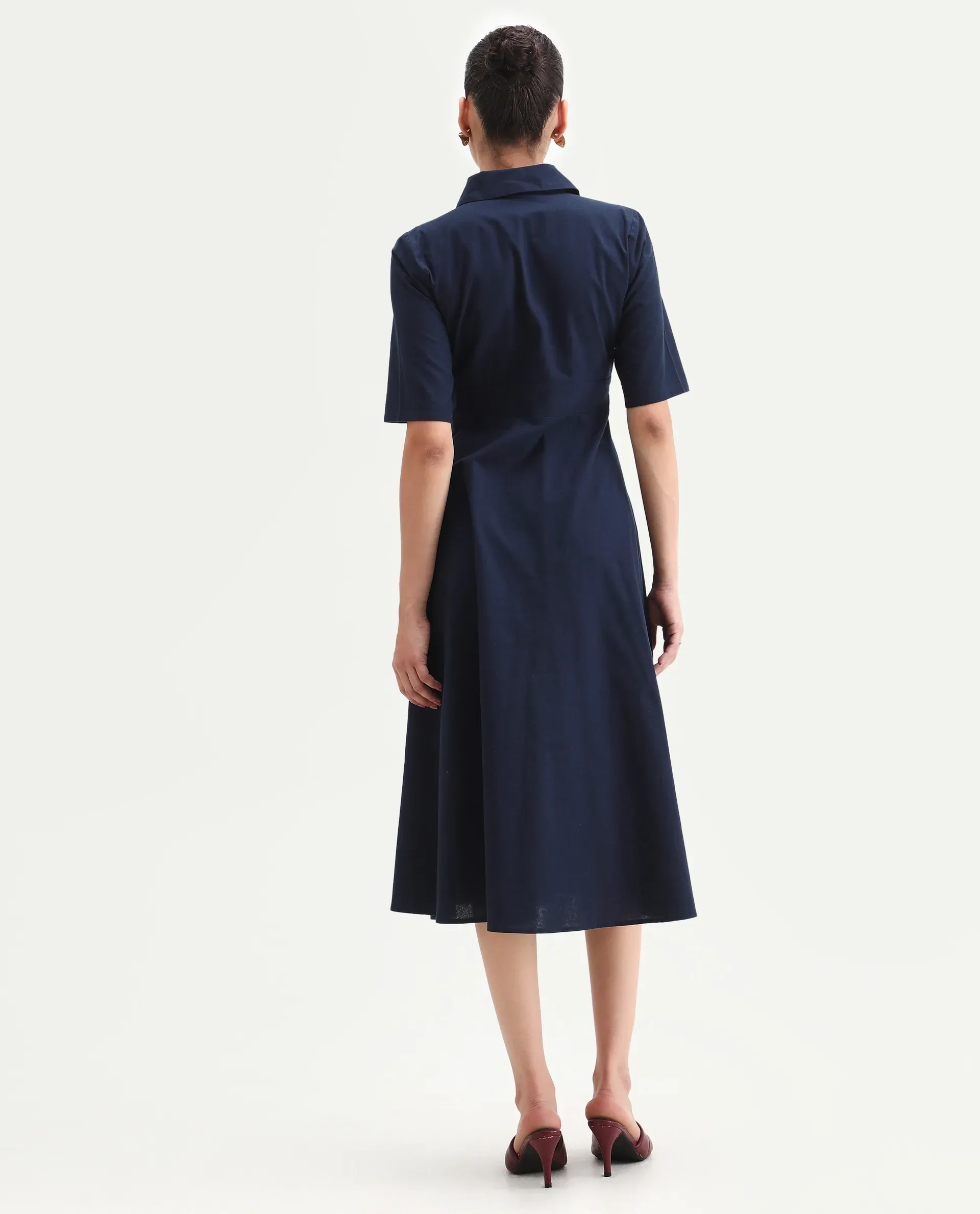 Rareism Women's Jefo Navy Cotton Collared Neck Fit And Flare Plain Midi Dress - Image 7