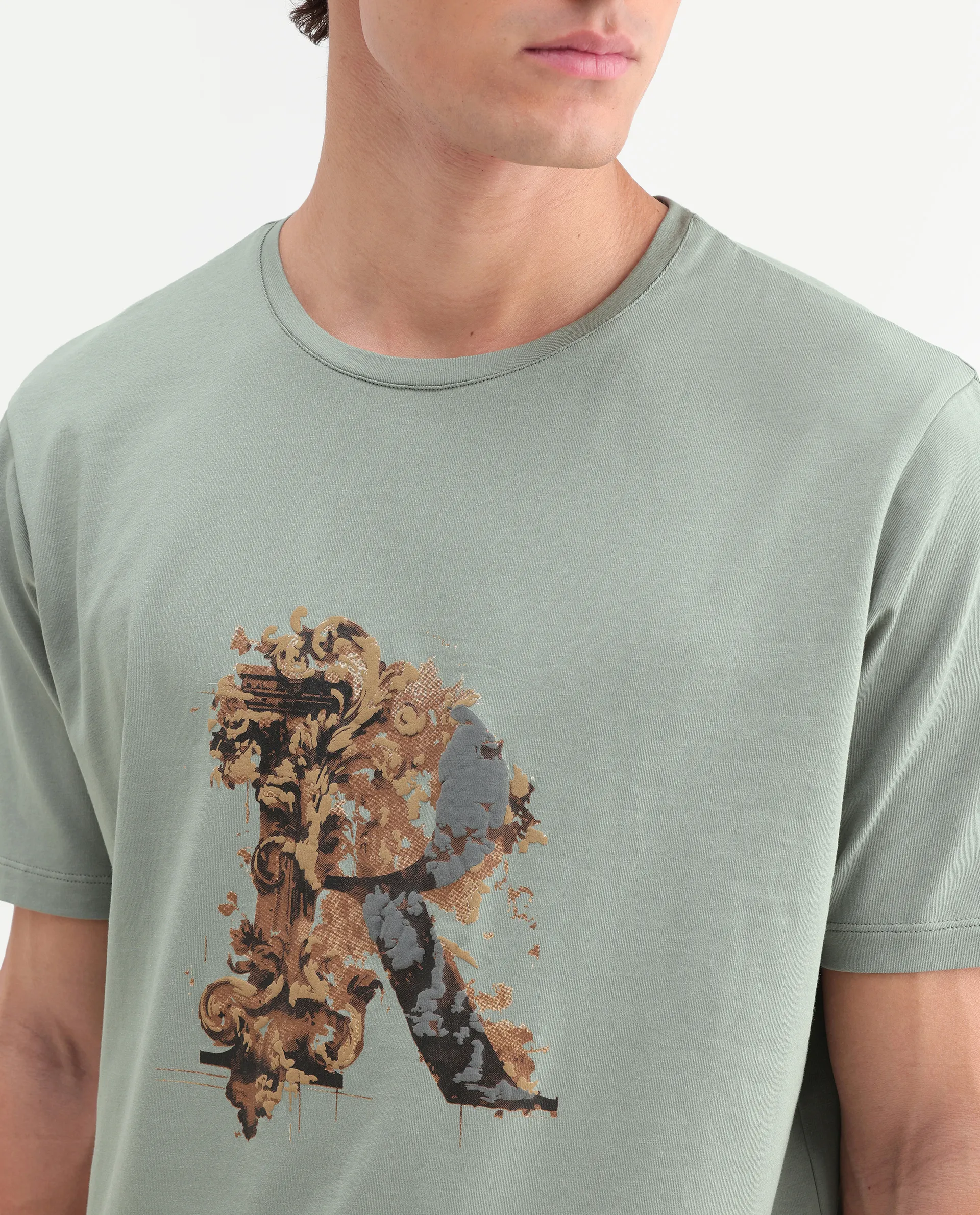 Rare Rabbit Men's Jeh Dusky Green Cotton Blend Crew Neck Regular Graphic Print T-Shirt - Image 3