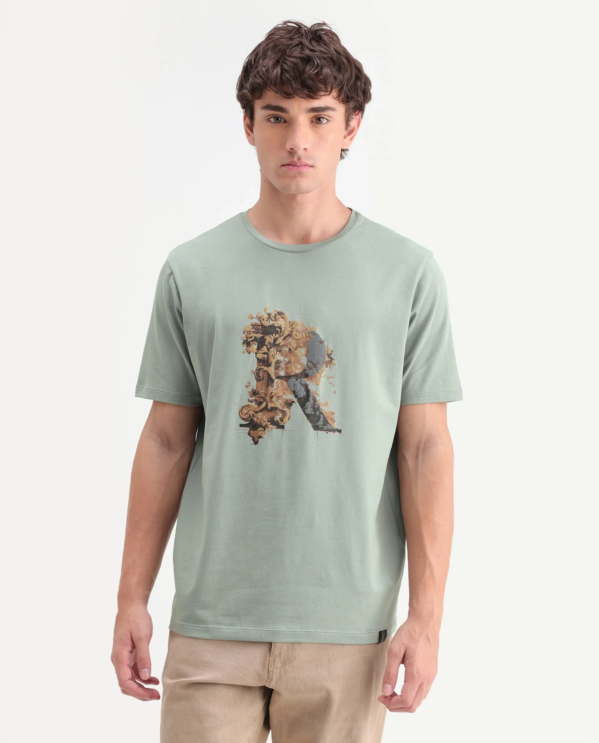 Rare Rabbit Men's Jeh Dusky Green Cotton Blend Crew Neck Regular Graphic Print T-Shirt - Image 4