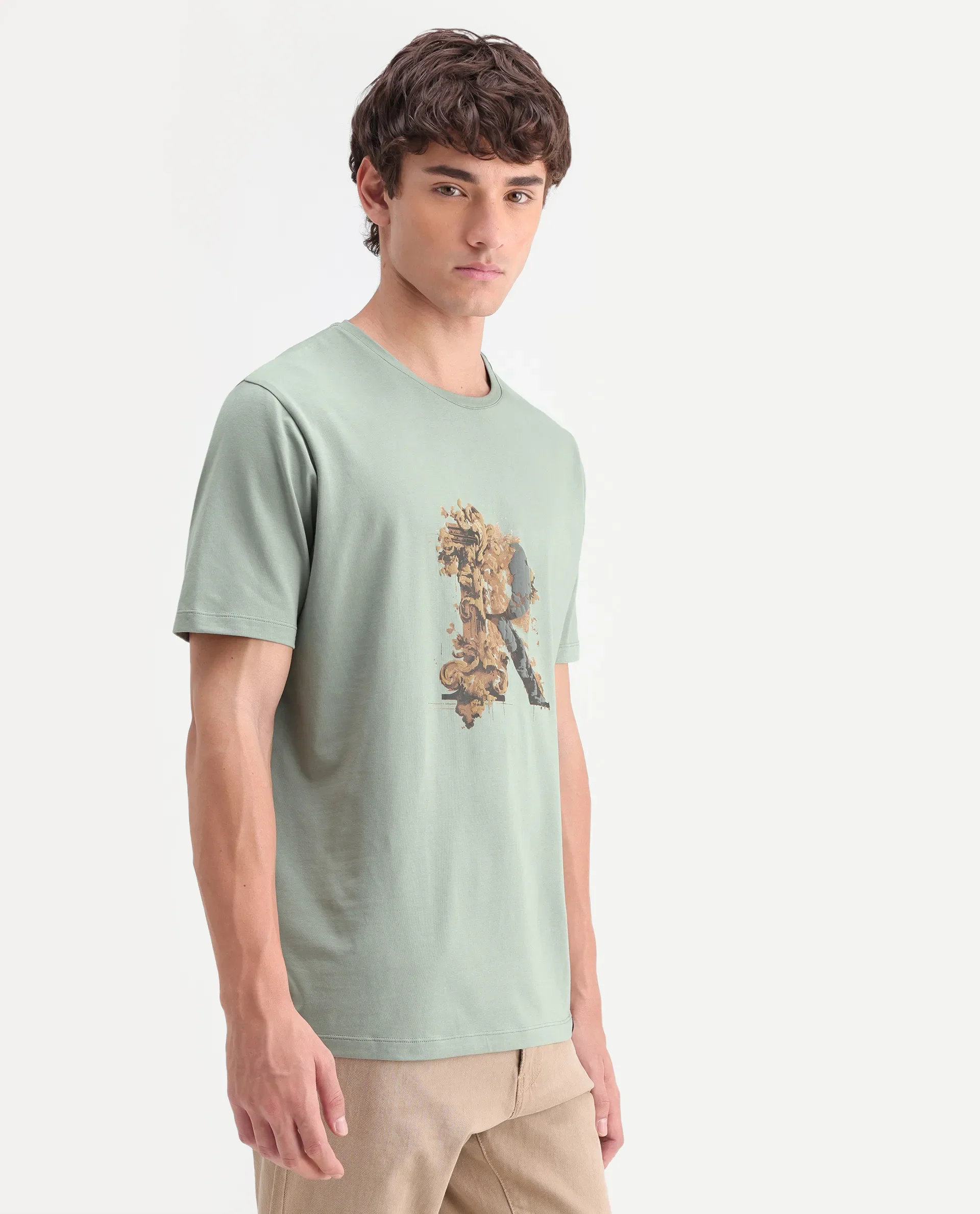 Rare Rabbit Men's Jeh Dusky Green Cotton Blend Crew Neck Regular Graphic Print T-Shirt - Image 5