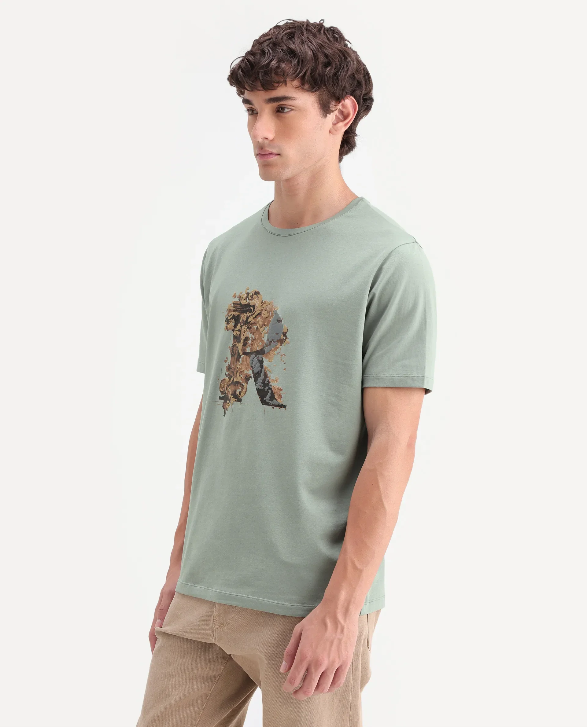 Rare Rabbit Men's Jeh Dusky Green Cotton Blend Crew Neck Regular Graphic Print T-Shirt - Image 6