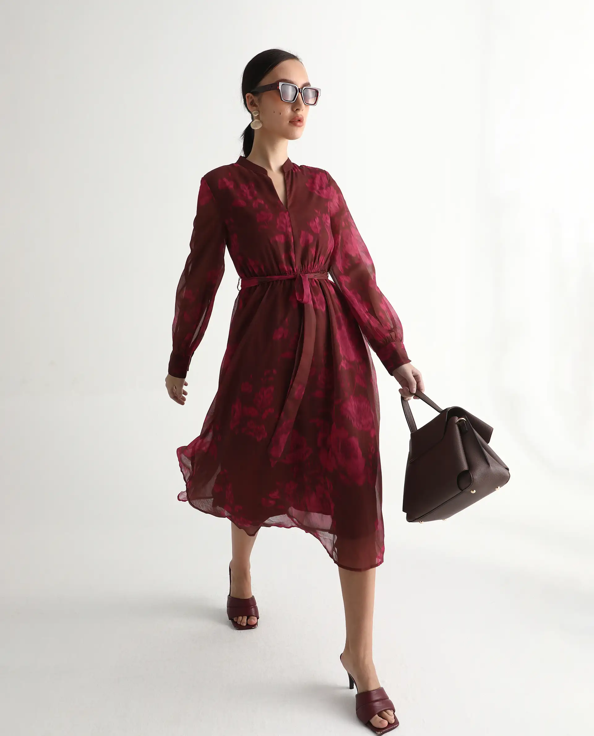 Rareism Women Jeho Brown Cuffed Sleeve Mandarin Collar Flared Midi Printed Dress - Image 2