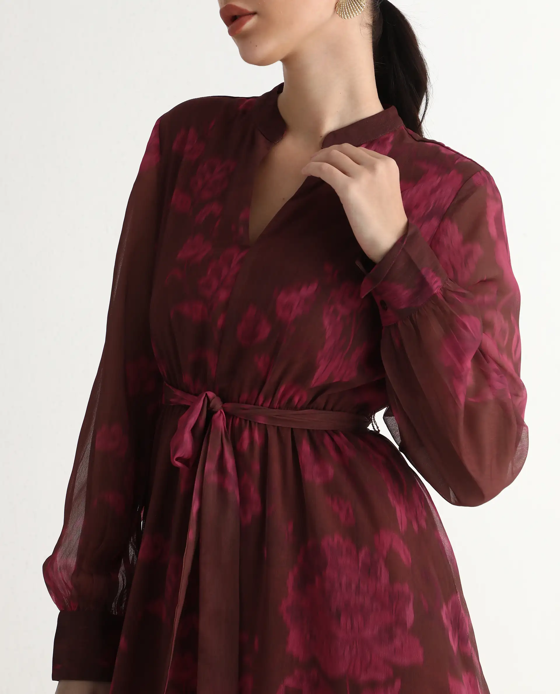 Rareism Women Jeho Brown Cuffed Sleeve Mandarin Collar Flared Midi Printed Dress - Image 3