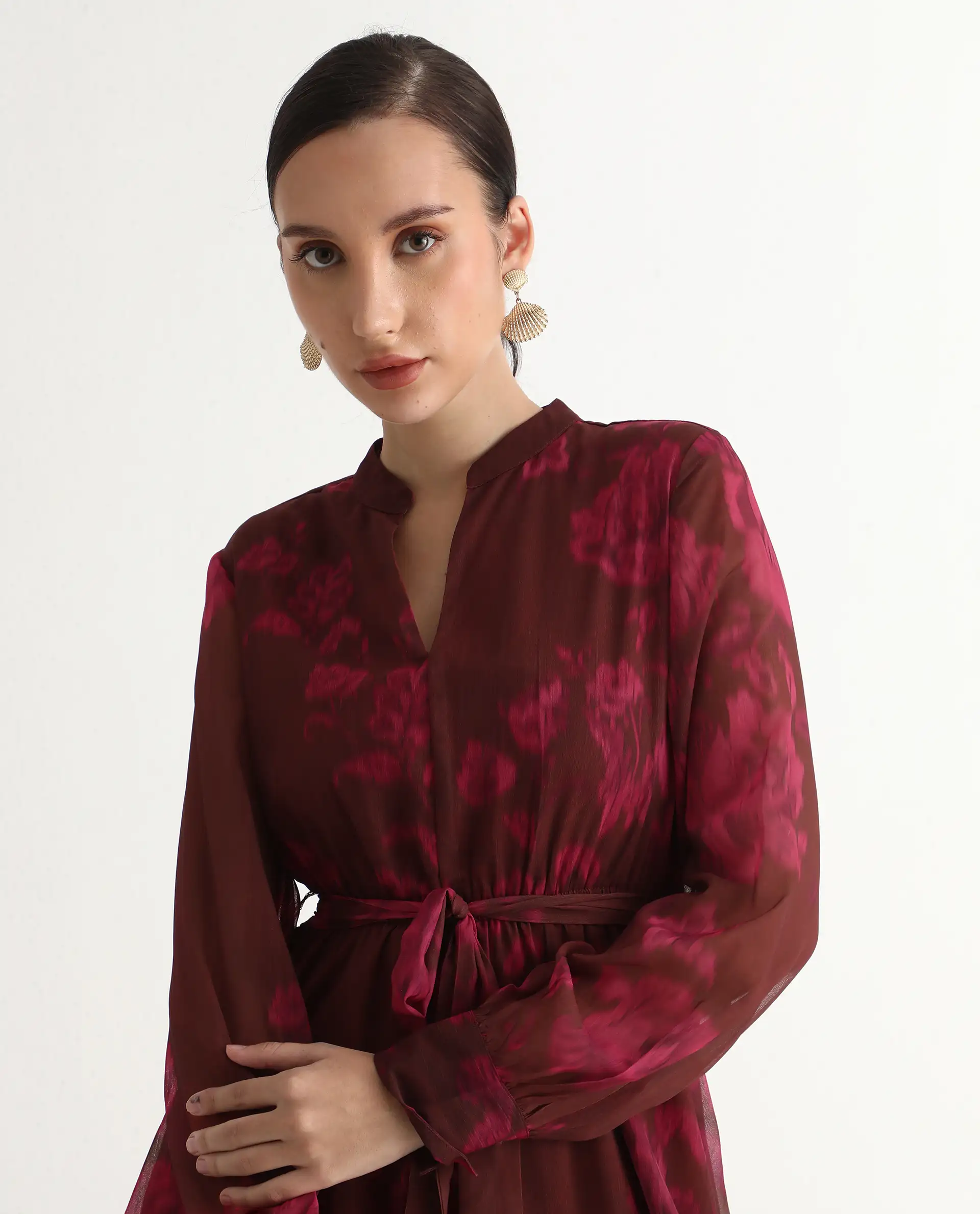 Rareism Women Jeho Brown Cuffed Sleeve Mandarin Collar Flared Midi Printed Dress - Image 4