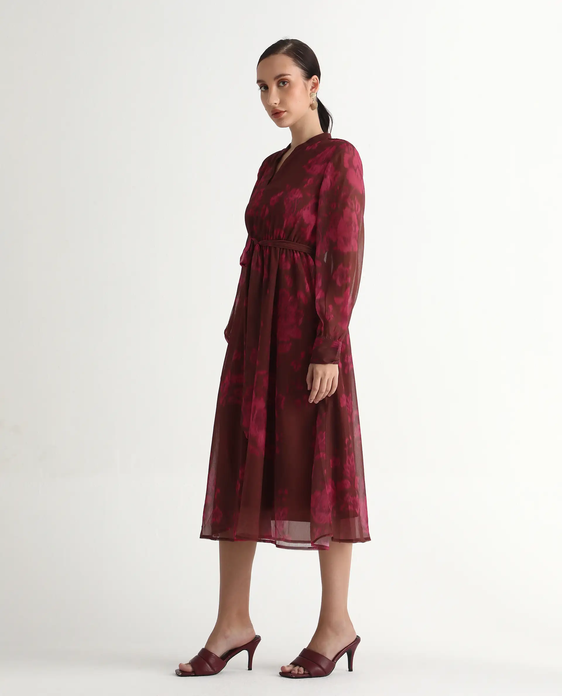 Rareism Women Jeho Brown Cuffed Sleeve Mandarin Collar Flared Midi Printed Dress - Image 5