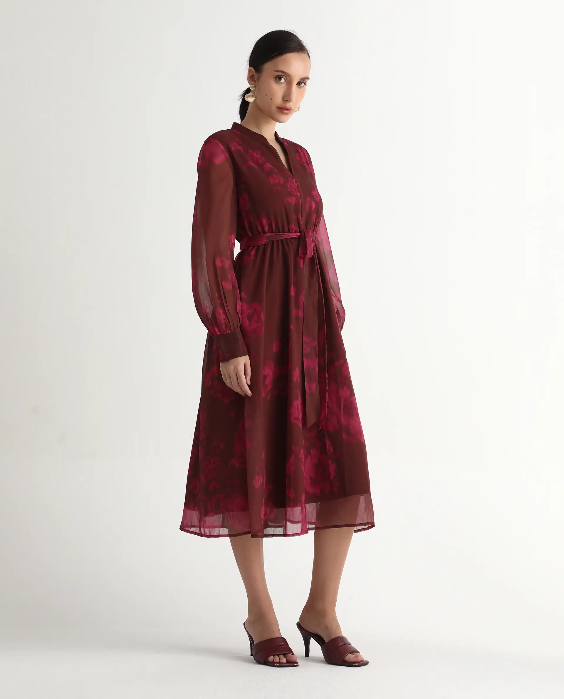 Rareism Women Jeho Brown Cuffed Sleeve Mandarin Collar Flared Midi Printed Dress - Image 6