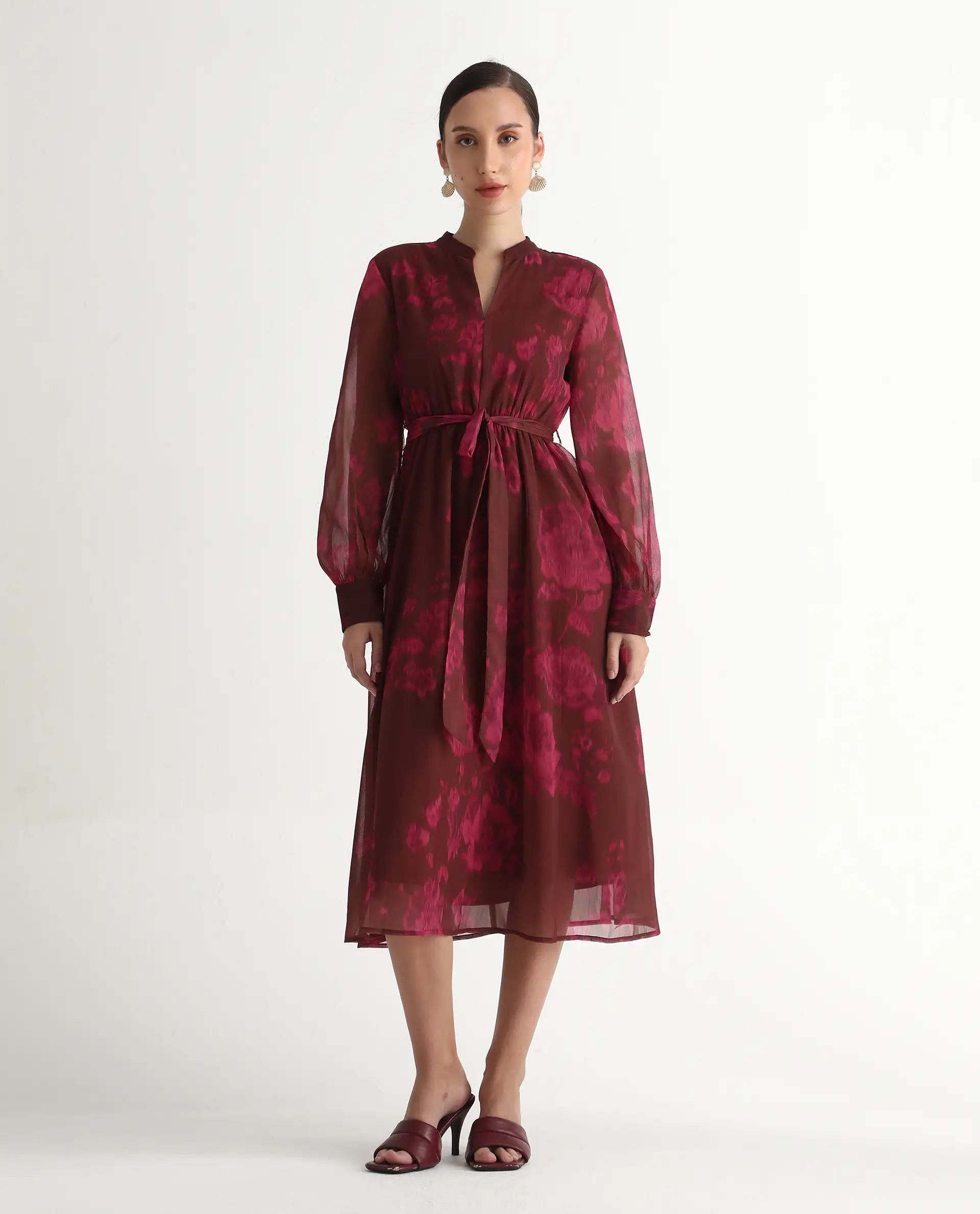 Rareism Women Jeho Brown Cuffed Sleeve Mandarin Collar Flared Midi Printed Dress - Image 7