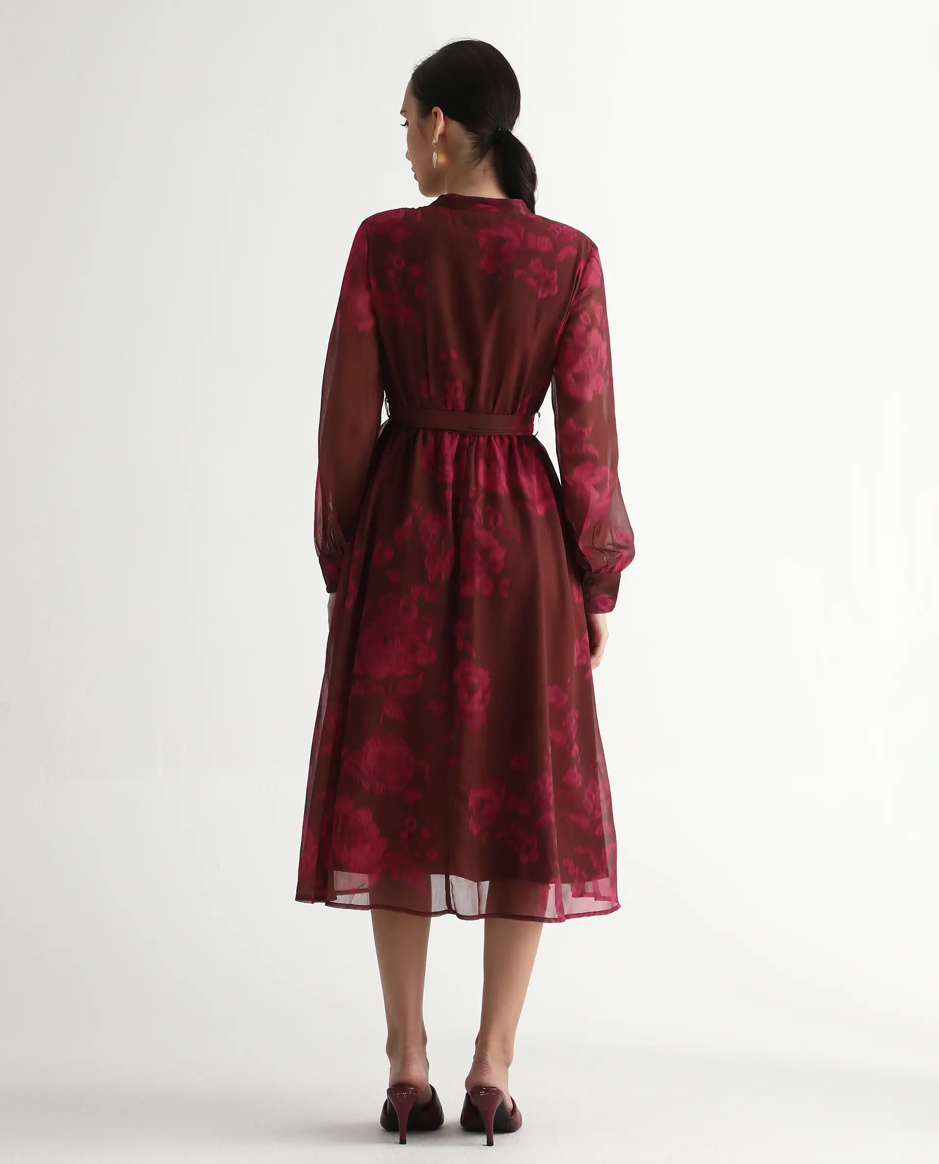 Rareism Women Jeho Brown Cuffed Sleeve Mandarin Collar Flared Midi Printed Dress - Image 8