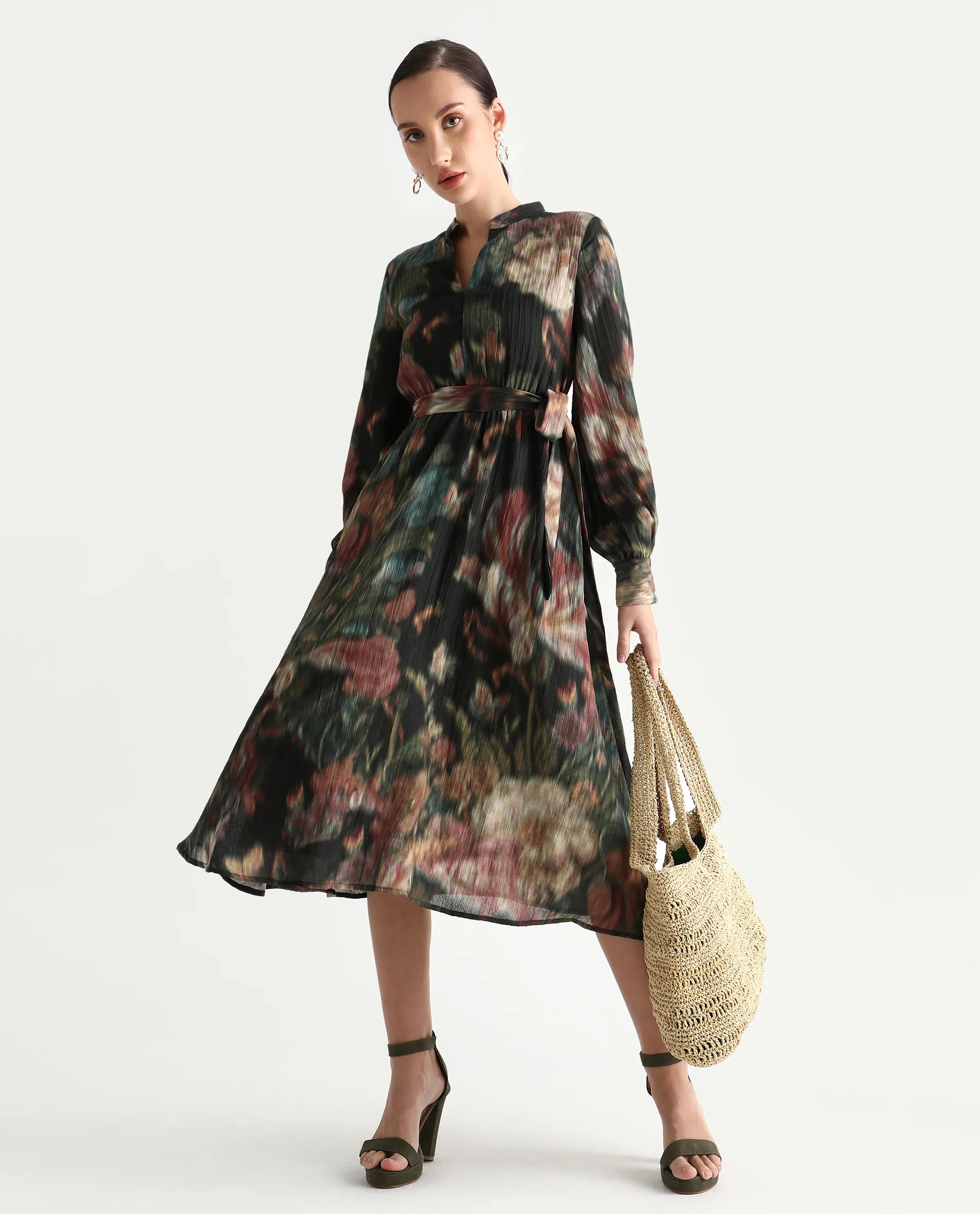 Rareism Women's Jehon Black Cotton Mandarin Collar Flared Printed Midi Dress