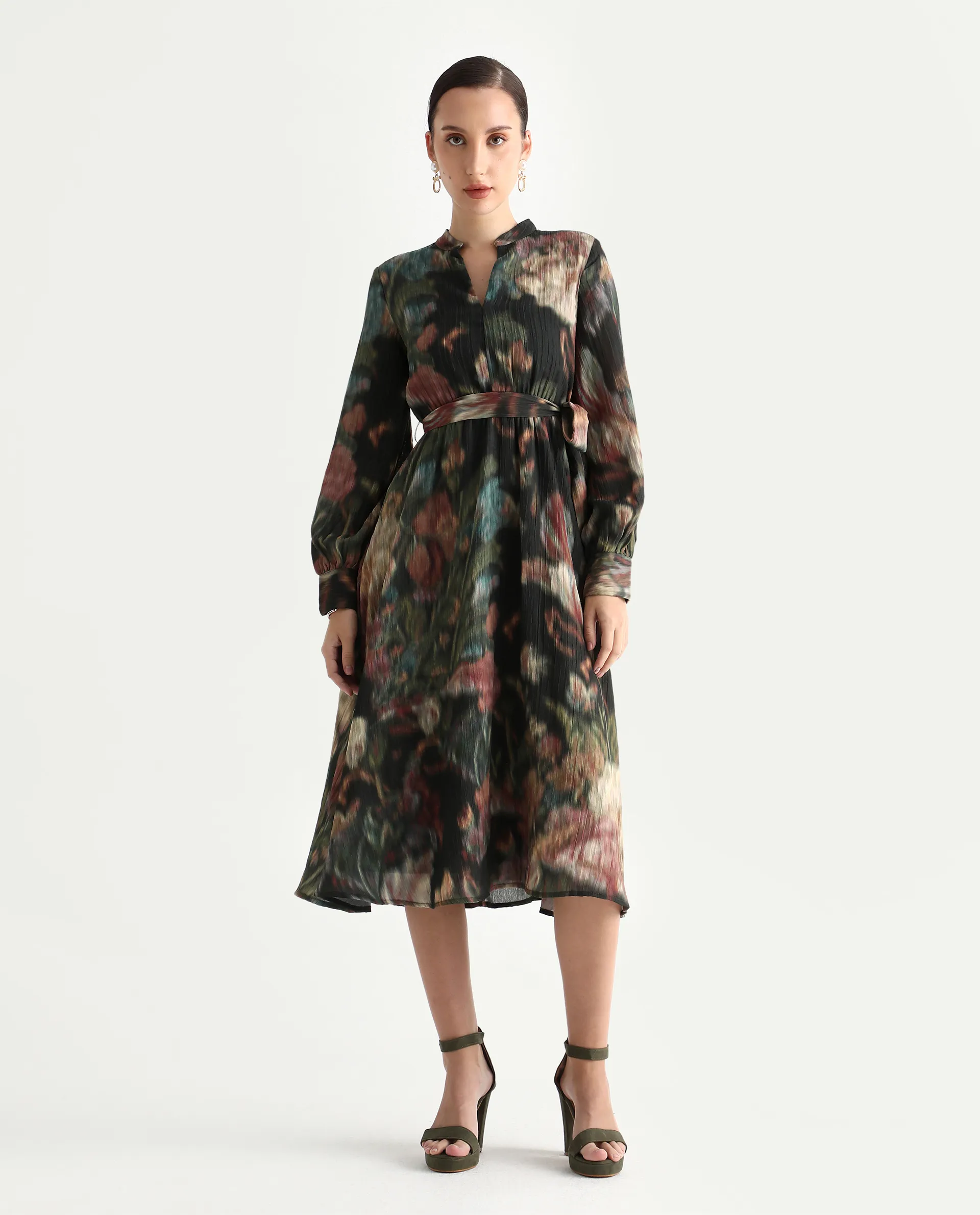 Rareism Women's Jehon Black Cotton Mandarin Collar Flared Printed Midi Dress - Image 2