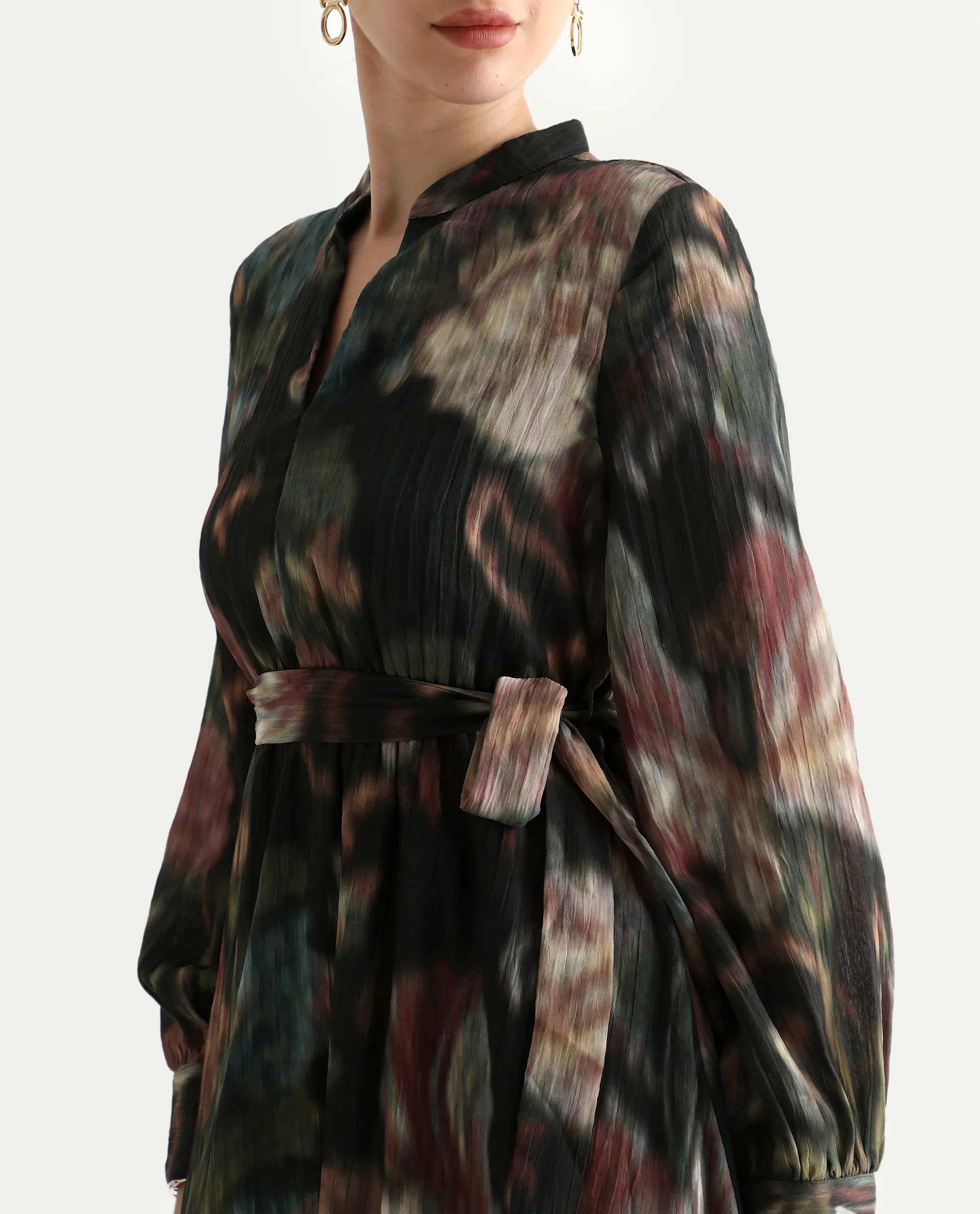 Rareism Women's Jehon Black Cotton Mandarin Collar Flared Printed Midi Dress - Image 3