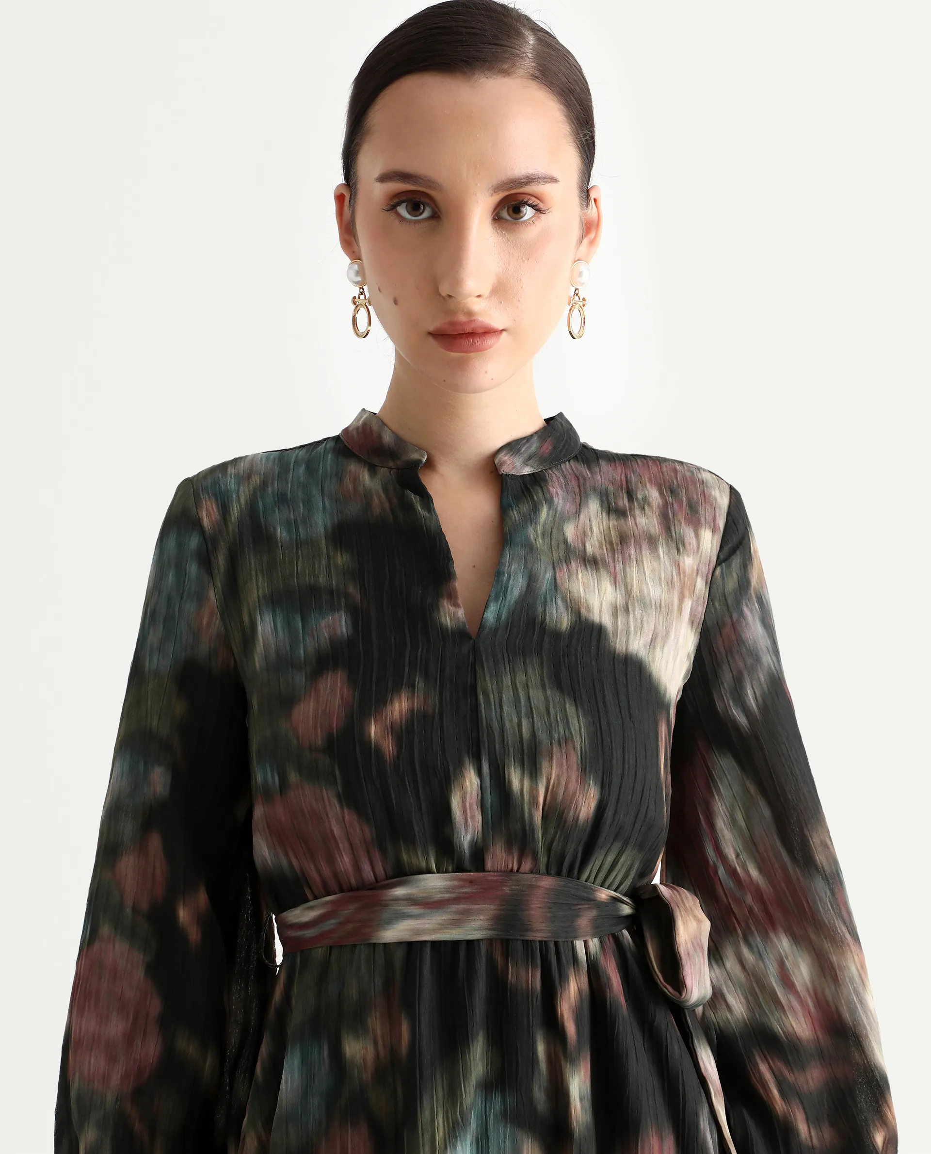 Rareism Women's Jehon Black Cotton Mandarin Collar Flared Printed Midi Dress - Image 4