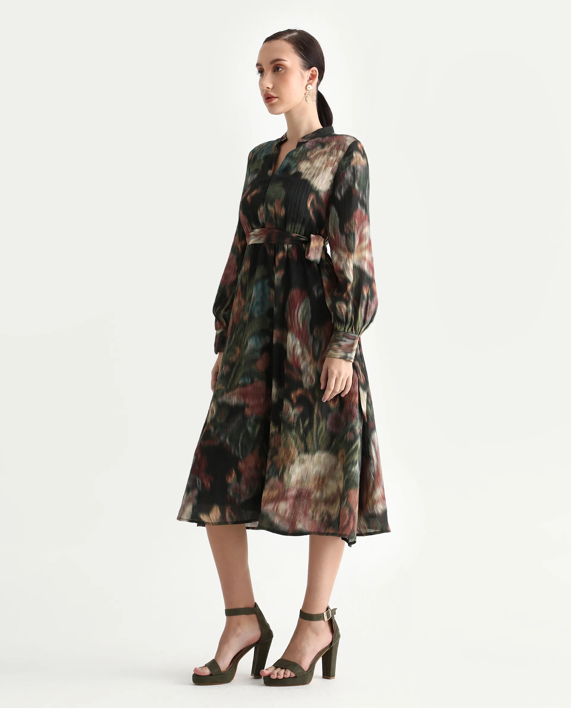 Rareism Women's Jehon Black Cotton Mandarin Collar Flared Printed Midi Dress - Image 5