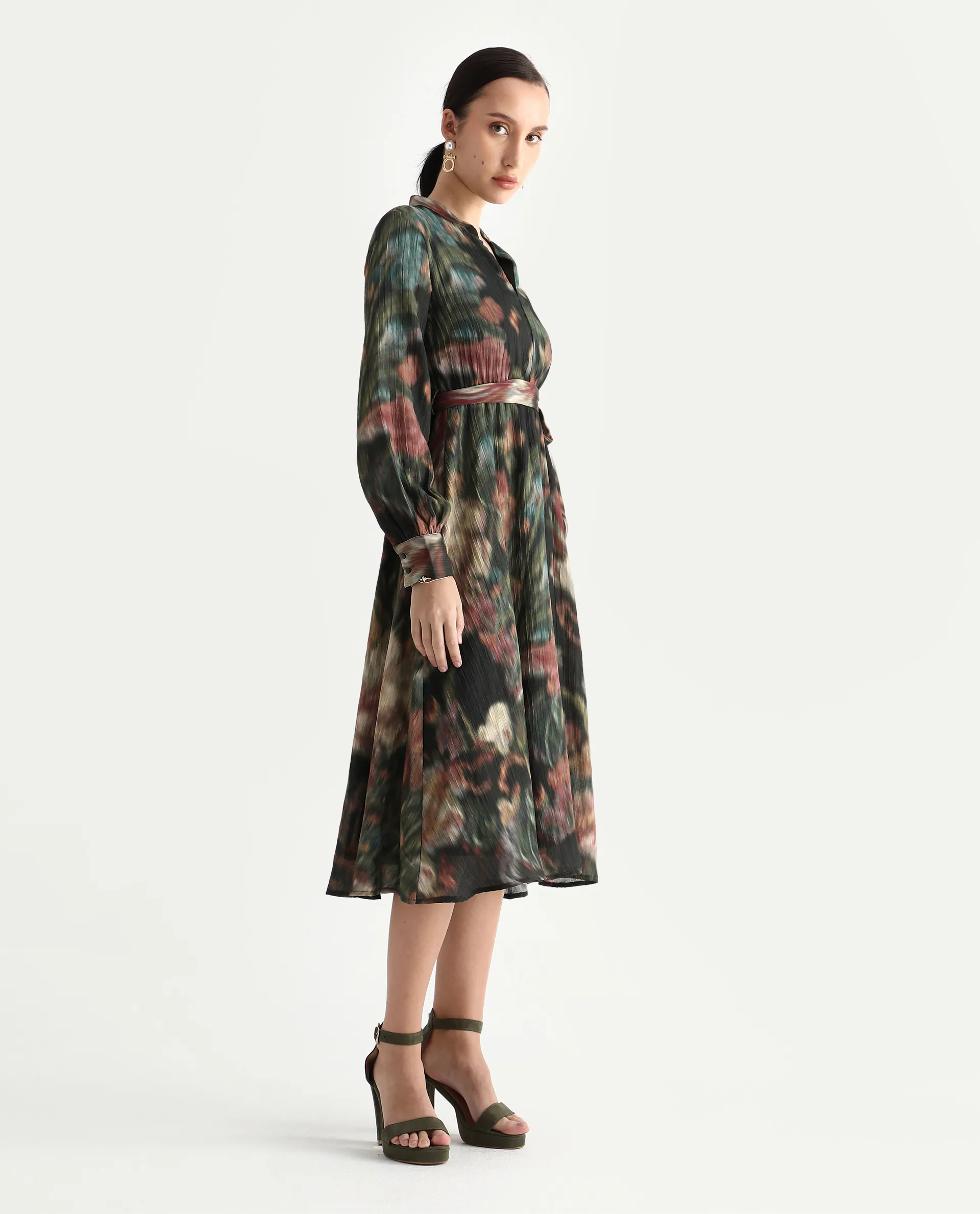 Rareism Women's Jehon Black Cotton Mandarin Collar Flared Printed Midi Dress - Image 6