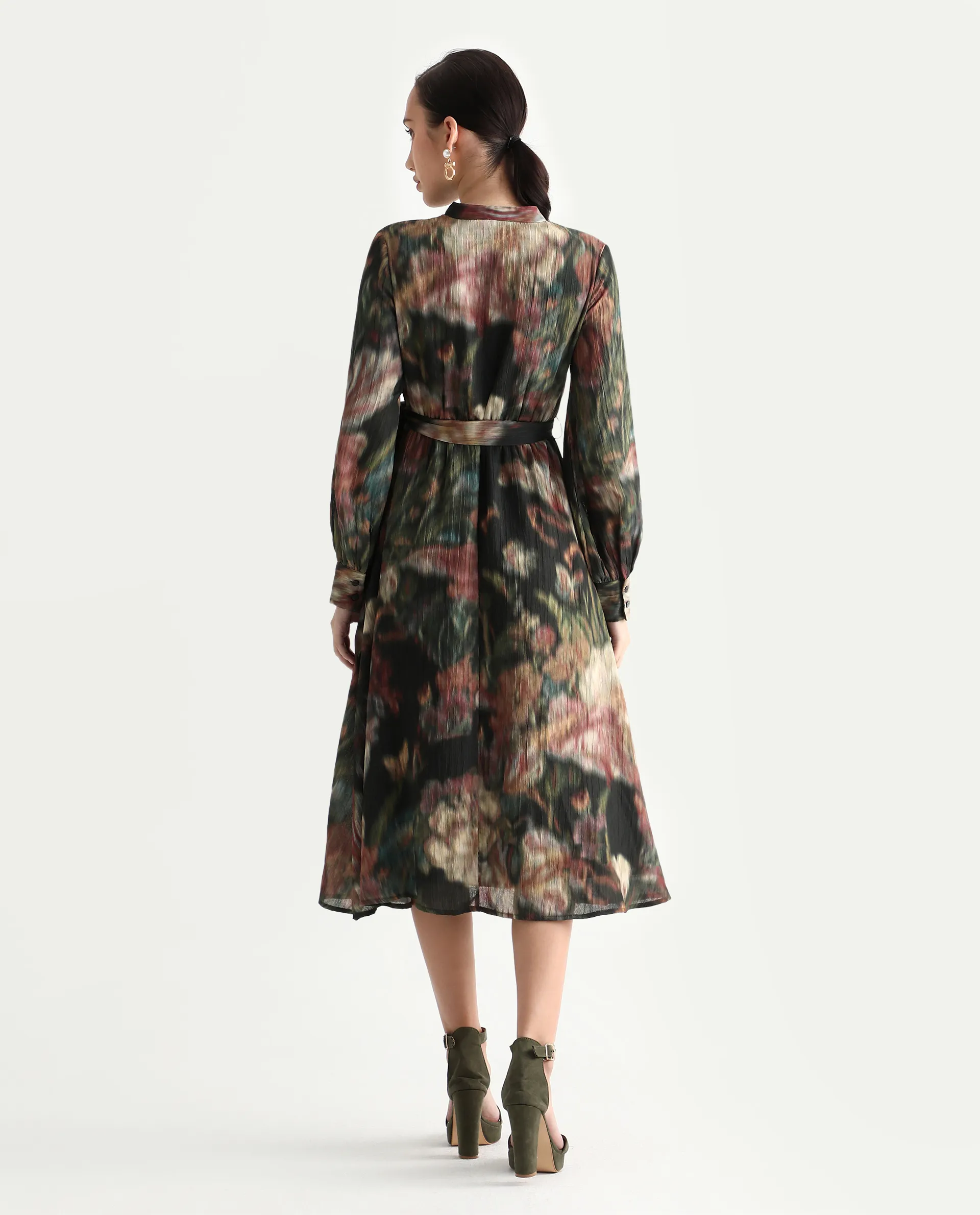 Rareism Women's Jehon Black Cotton Mandarin Collar Flared Printed Midi Dress - Image 7