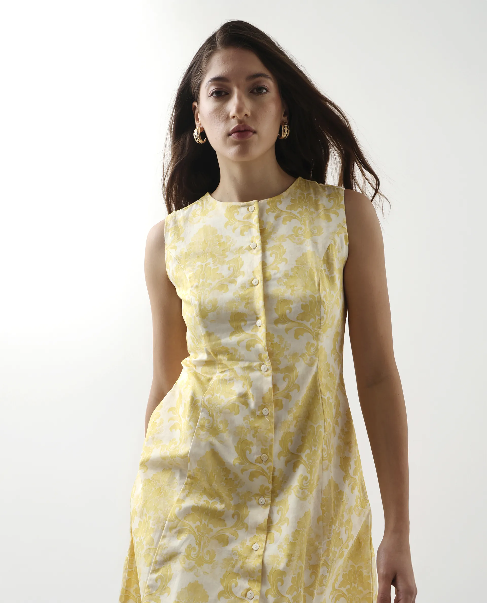 Rareism Women's Jeklo Yellow Cotton Round Neck A-Line Printed Dress
