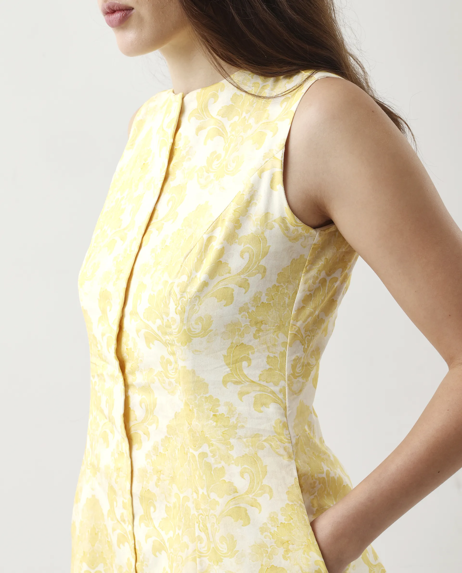 Rareism Women's Jeklo Yellow Cotton Round Neck A-Line Printed Dress - Image 3