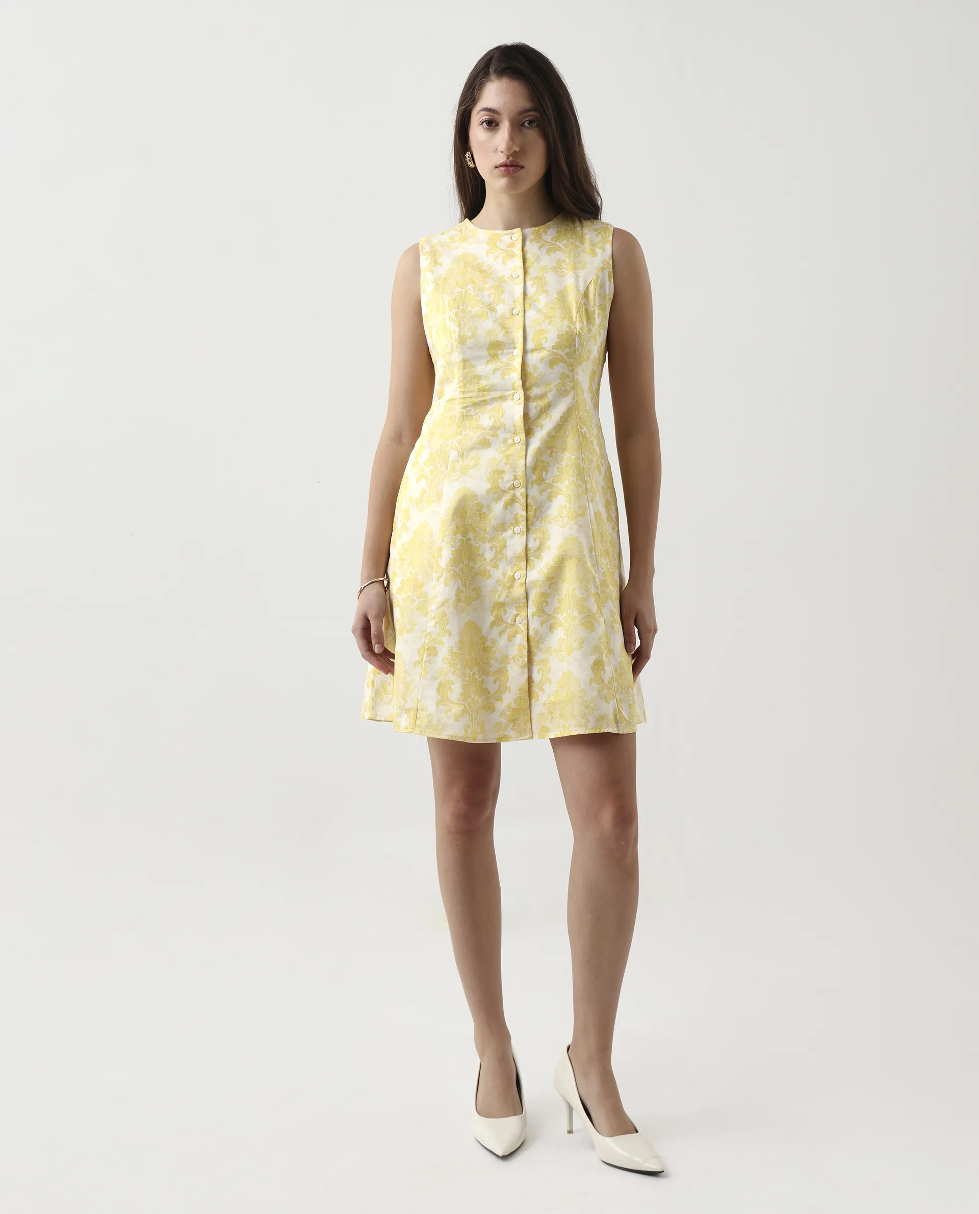 Rareism Women's Jeklo Yellow Cotton Round Neck A-Line Printed Dress - Image 4