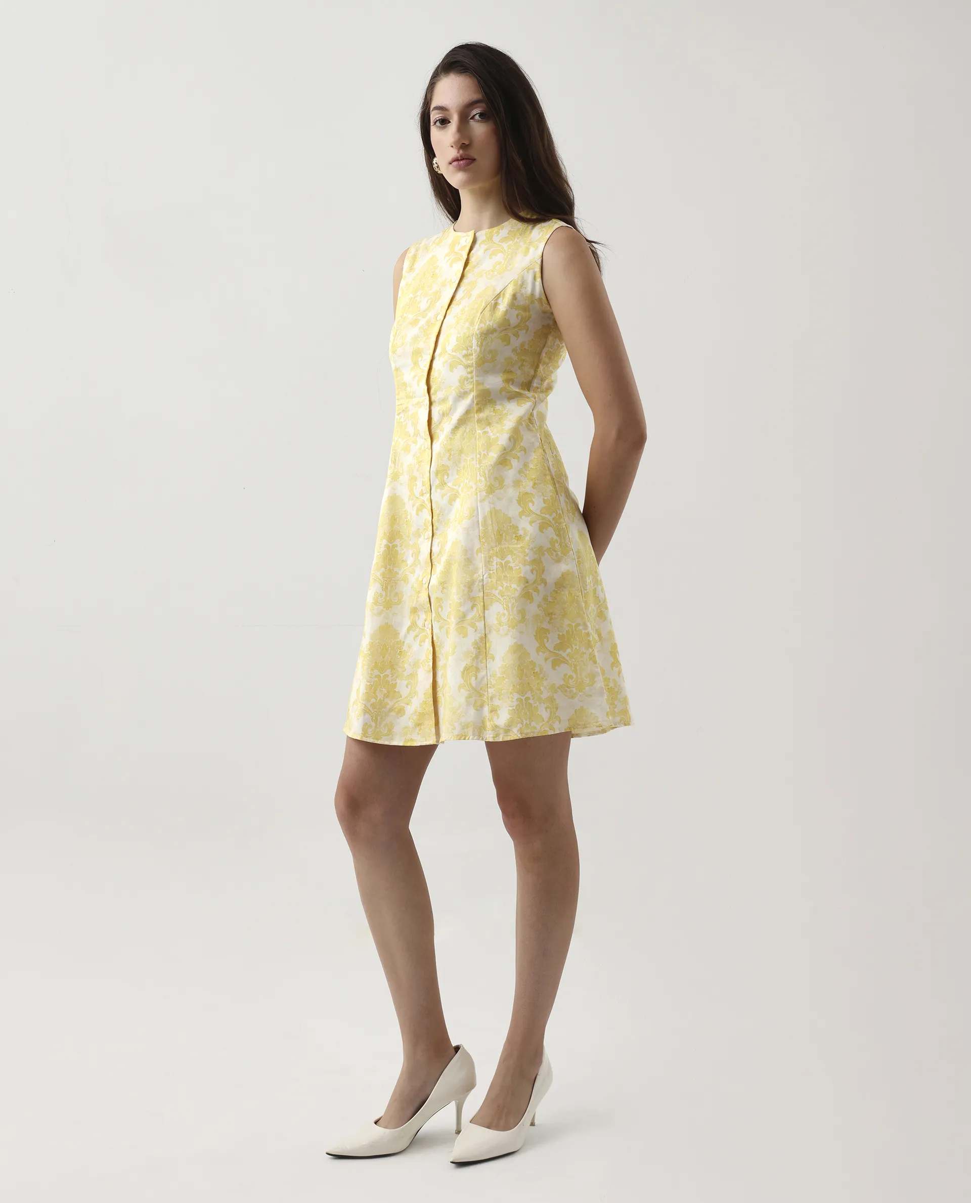 Rareism Women's Jeklo Yellow Cotton Round Neck A-Line Printed Dress - Image 5