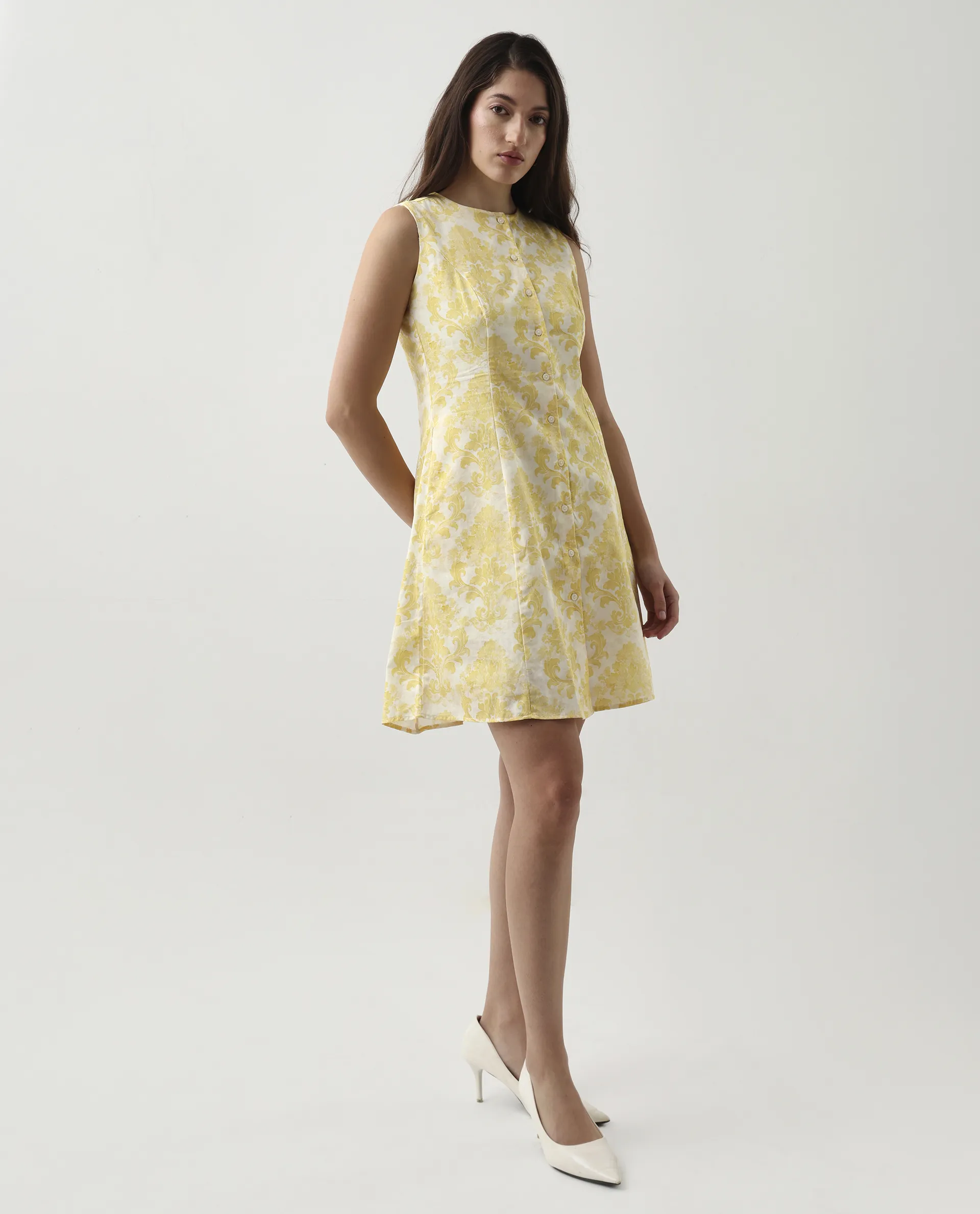Rareism Women's Jeklo Yellow Cotton Round Neck A-Line Printed Dress - Image 6